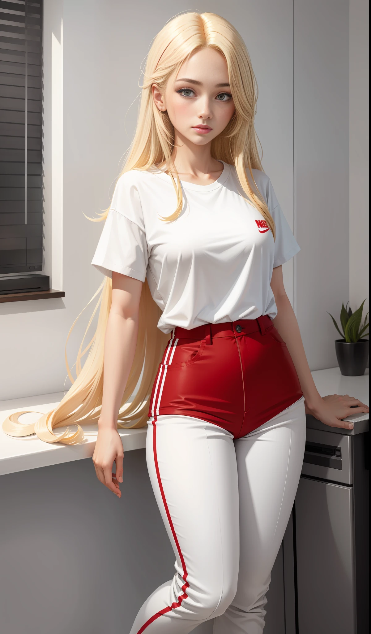 A woman in a white shirt and red pants is playing video games, minimalist style, wearing elegant casual clothes, soft red, simple clothes, milk and red style, casual clothing style, modern fashion clothing, wearing fisherman, casual modern clothing, inspo, red clothes, red pants, neutral tones, rred and white color scheme, casual business wear, scary face, nike shoes, 22 years old, adult face, long hair, ((golden hair))