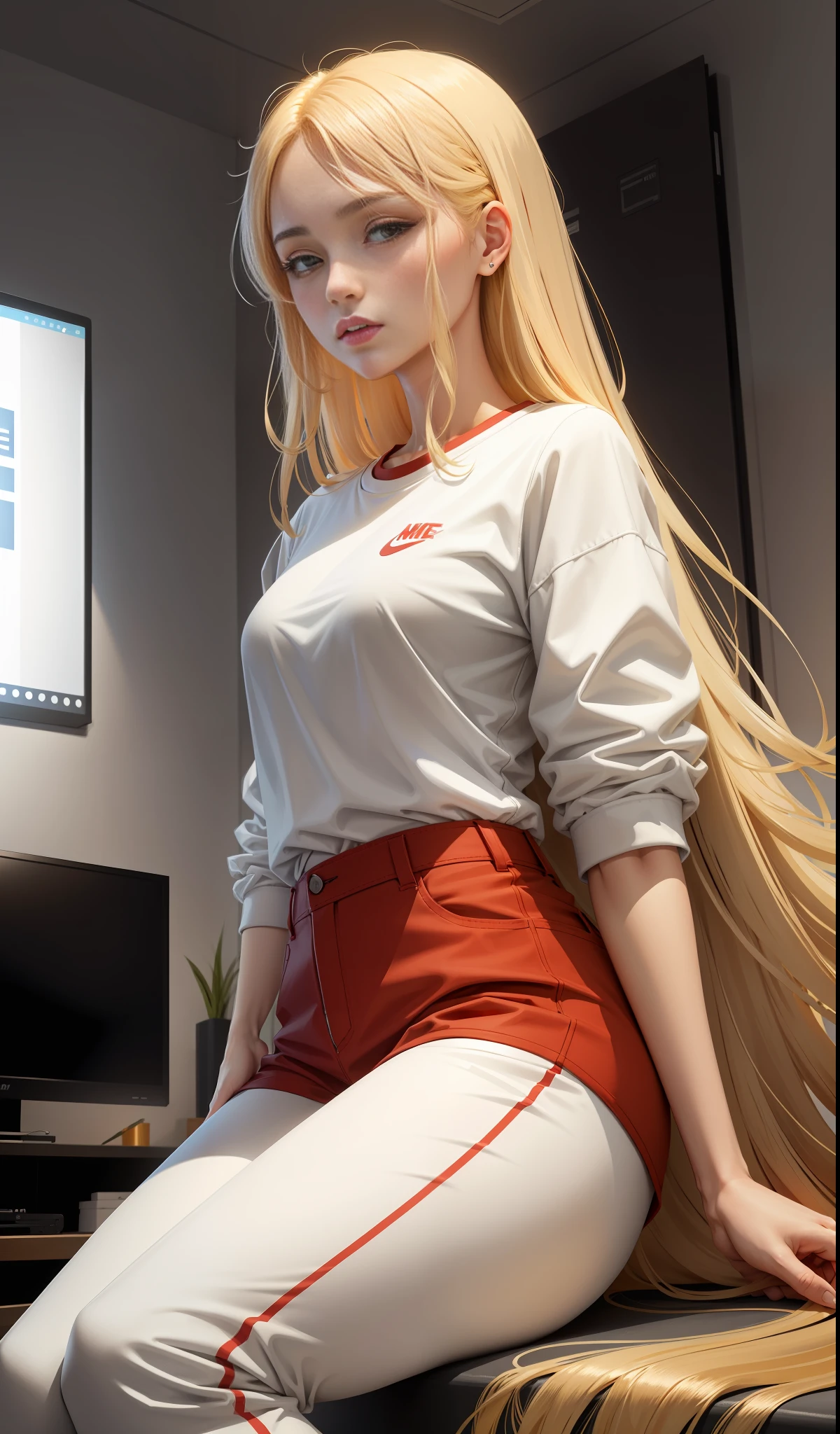 A woman in a white shirt and red pants is playing video games, minimalist style, wearing elegant casual clothes, soft red, simple clothes, milk and red style, casual clothing style, modern fashion clothing, wearing fisherman, casual modern clothing, inspo, red clothes, red pants, neutral tones, rred and white color scheme, casual business wear, scary face, nike shoes, 22 years old, adult face, long hair, ((golden hair))