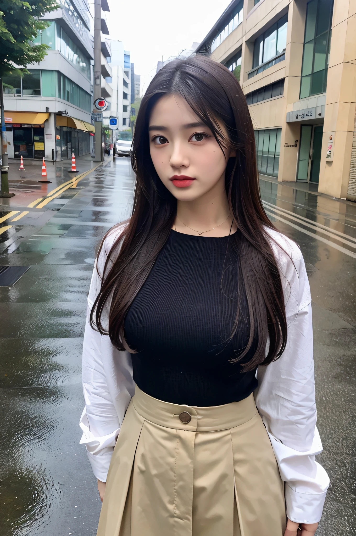 (Best Quality, 4K, Masterpiece: 1.3), Pretty Woman, 1girl, (Breasts, Charming Body: 1.2), Abs: 1.1, Dark Brown Hair: 1.1, (Rain Wet, Rain Wet: 1.2), (Wet Clothes: 1.4), Ultra- Detail Face, Detail Lips, Detail Eyes, Double Eyelids, Close-up of a Woman in a Skirt and Shirt, Japanese Model, Quarter-Shot Shot, On the Street