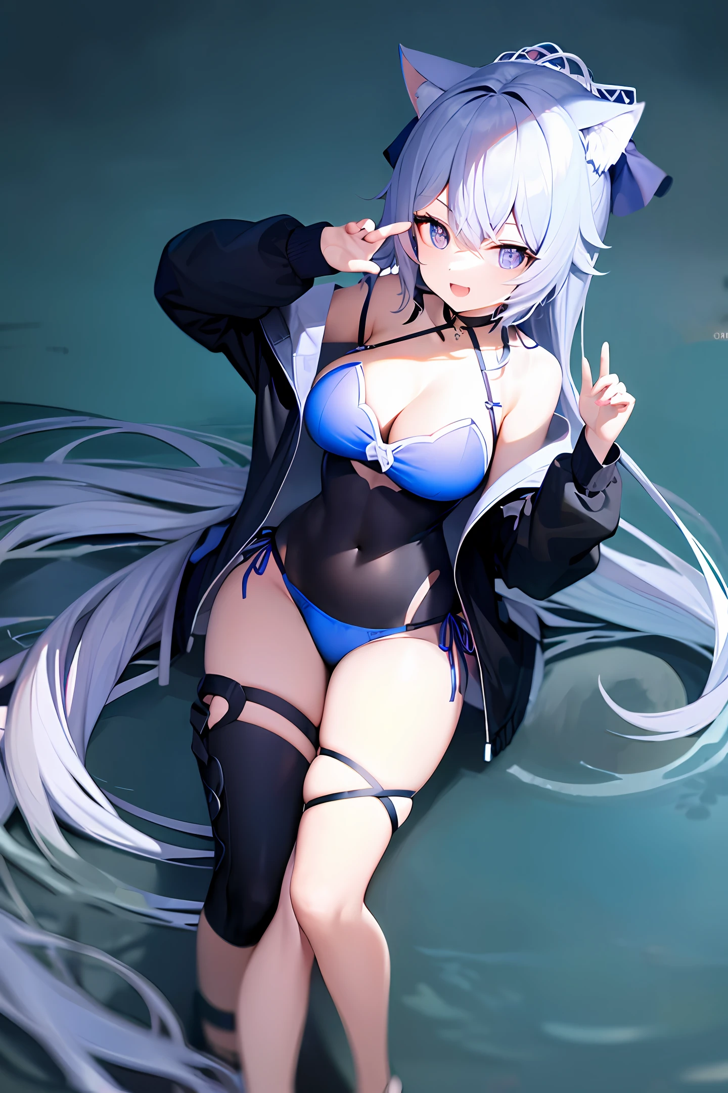 #绘个图1girl, breasts, solo, animal ears, swimsuit, thighs, bikini, long hair, looking at viewer, string bikini, large breasts, stomach, navel, open clothes, open jacket, cleavage, jacket, choker, off shoulder, bare shoulders, open mouth, multi-strapped bikini, animal ear fluff, smile, sitting, arm up, blue bikini, black jacket, hair ornament, white hair, side-tie bikini bottom, :d, long sleeves, purple eyes, barefoot, fang, halterneck, hairclip, sunlight, holding, day, black choker, fox ears, very long hair, bare legs, highleg, frills, outdoors, frilled bikini, cat ears, hand up, highleg bikini, bow, hair bow, arm behind head
