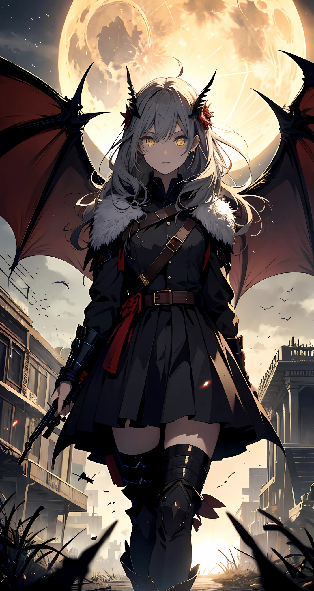 Yellow Moon, vampire, Bright eyes, glowing eyes walking on dead bodies, apocalypse, Armageddon background, apocalypse background, war background, beasts background, soldiers background, angel wings, flying dragons background, sister and brother, siblings, duo