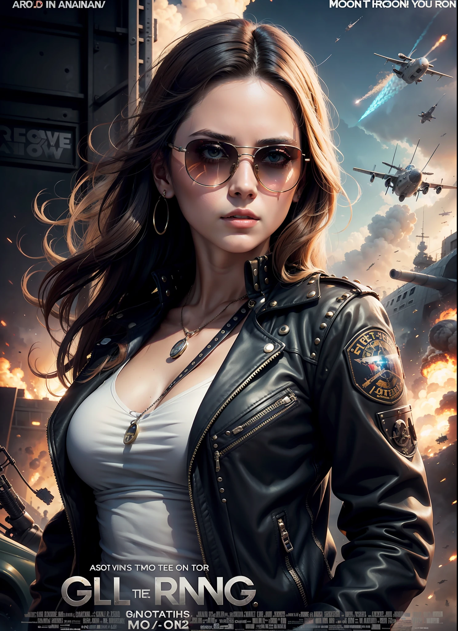 Movie poster, beautiful woman, sunglasses, rivets, one girl, explosions, gun in hand, cars, planes, front view
