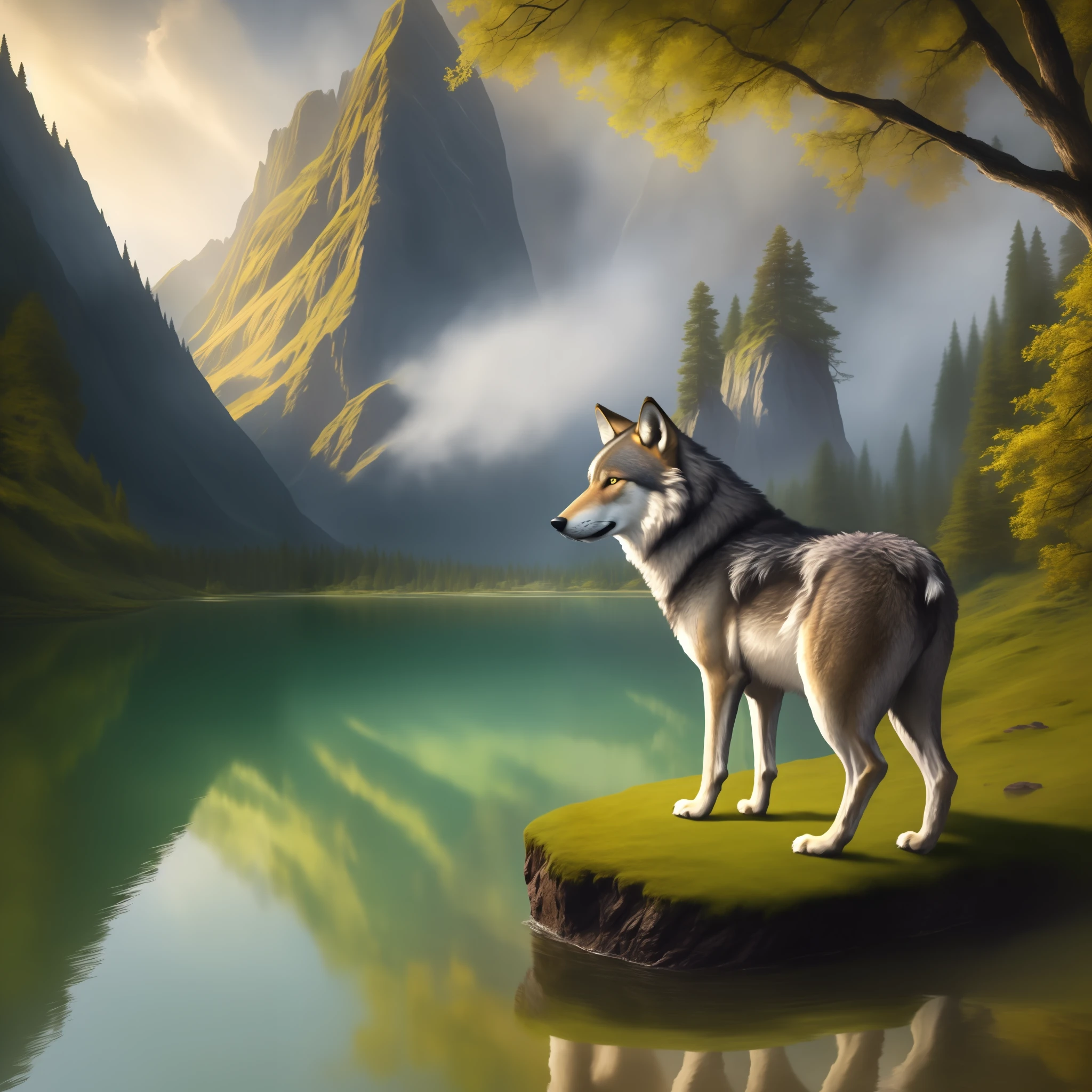 painting of a wolf standing on a rock by a lake, guardian of the sacred lake, highly detailed digital art in 4k, by Jason Benjamin, highly detailed digital painting, highly detailed illustration, large wolf, high quality detailed art 8k, marc adamus, highly detailed illustration, highly detailed digital art