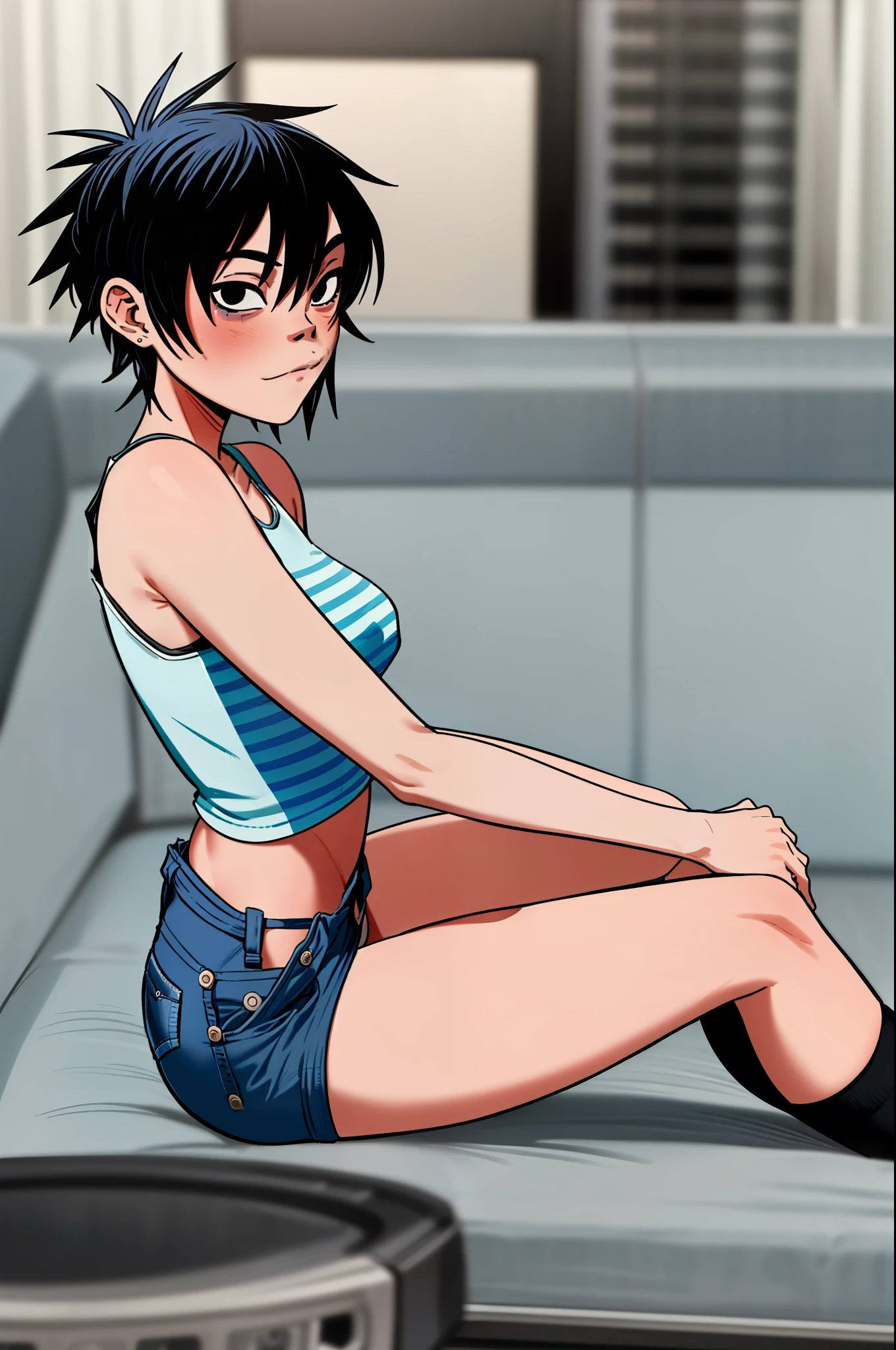 noodles (Gorillaz), masterpiece, best quality, solo, blue hair, makeup, bangs, short hair, black eyes, small breasts, blush, sexual expression, panties, jeans, unzipped, black and white striped knee socks, blush, lying on stomach, detailed