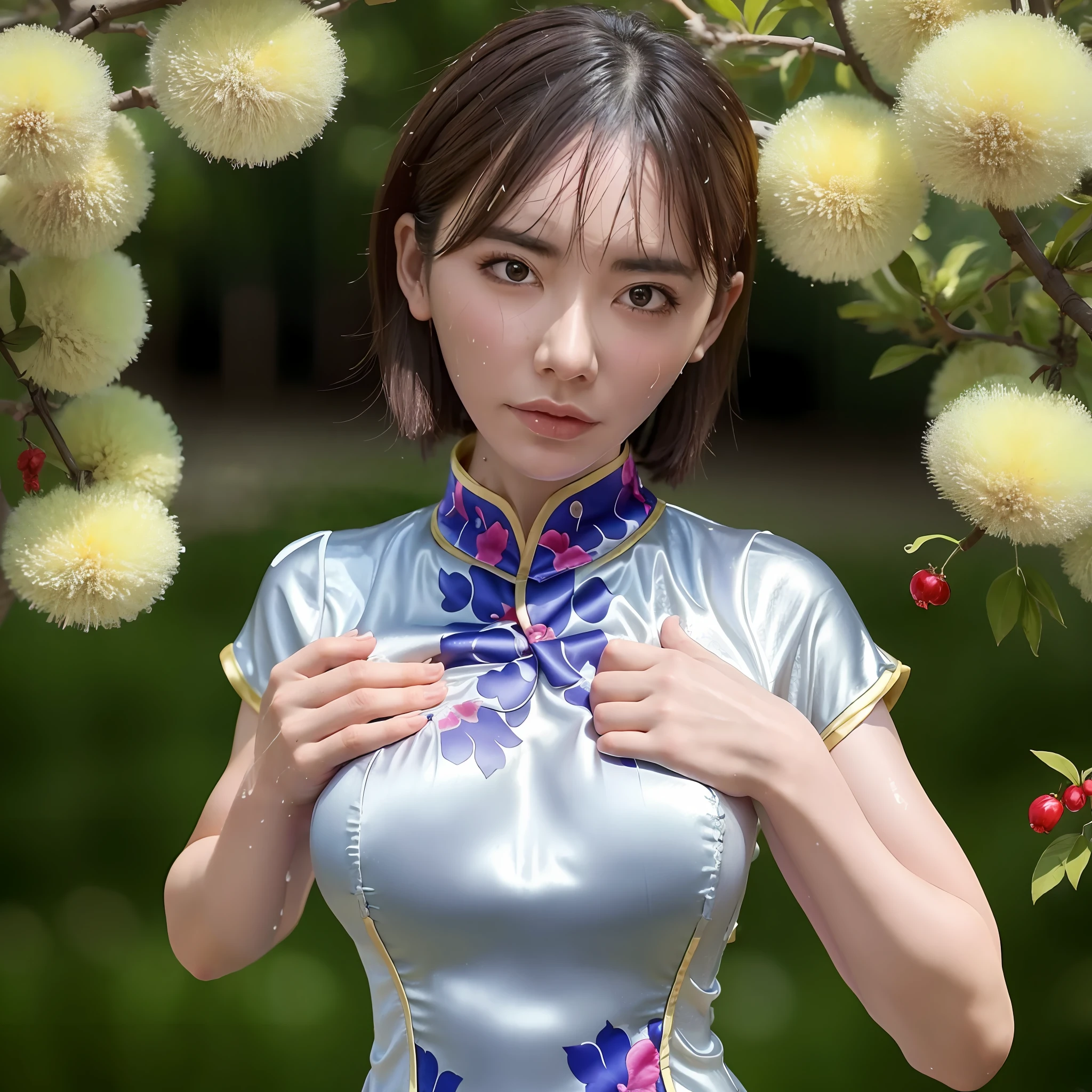 Best quality, best image quality, highest resolution, super detail, china clothes, short sleeve cheongsam, cheongsam material is satin, shiny and soft and smooth to the touch, tight cheongsam, no underwear is worn, Chest is C cup, full body shooting so that the face can also enter, the subject is alone, taken outdoors, soaking wet, sweaty,