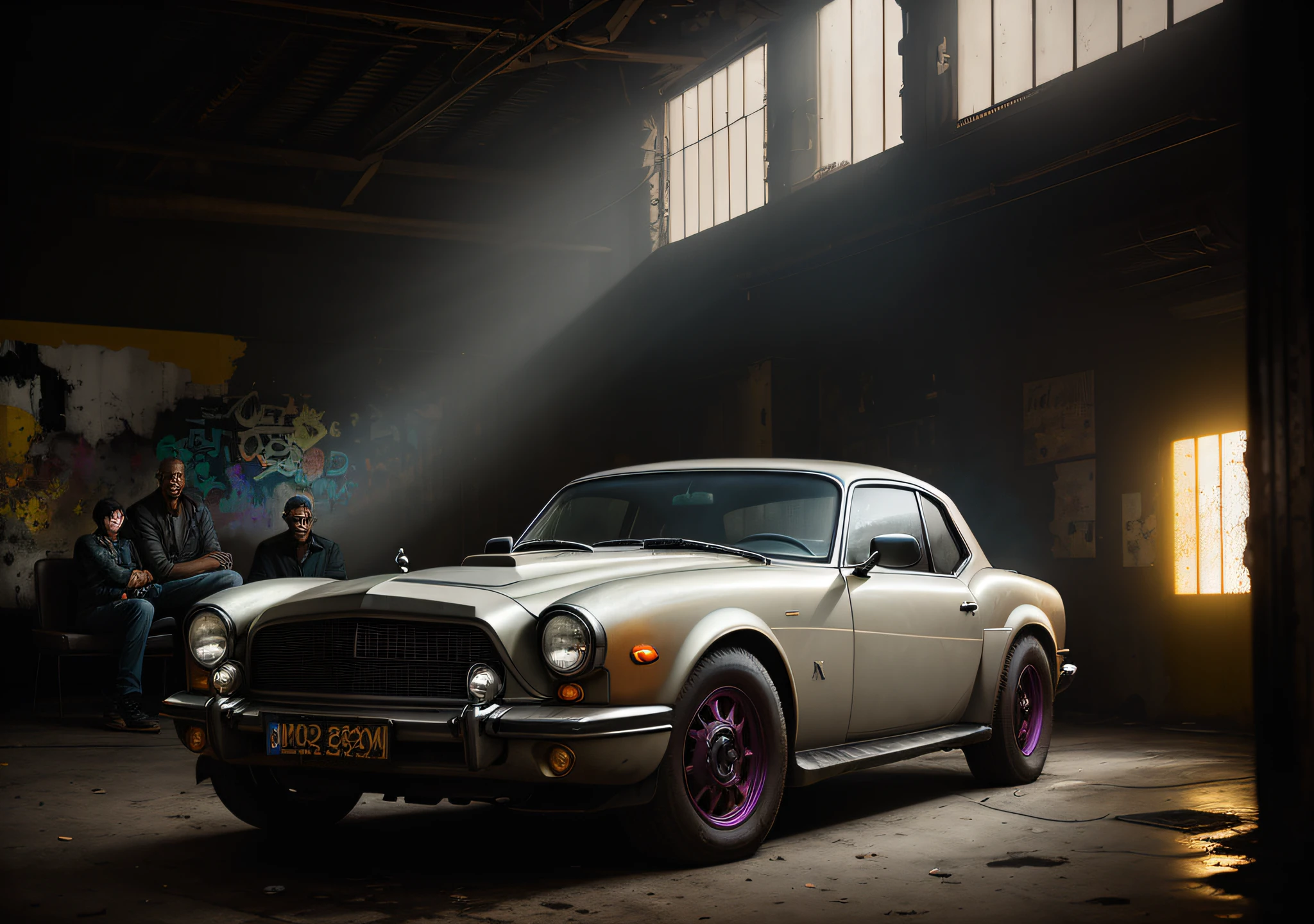 Morgan Freeman dark photo: sitting next to an old car, realistic epic, portrait, eyes of Atey Ghailan, Greg Rutkowski, Greg Tocchini, James Gilleard, Joe Fenton, Kaethe Butcher, yellow gradient, black, brown and magenta color scheme, grunge aesthetic!!! Graffiti brand wall background, art by Greg Rutkowski and Artgerm, soft cinematic light, Adobe Lightroom, Photo Lab, HDR, intricate, highly detailed, (depth of field: 1.4), faded, (neutral colors: 1.2), (HDR: 1.4), (soft colors:1.2), hyperdetailed, (Artstation:1.4), cinematic, warm lights, dramatic light, (intricate details:1.1), complex background, (Rutkowski:0.66), (blue and orange:0.4)