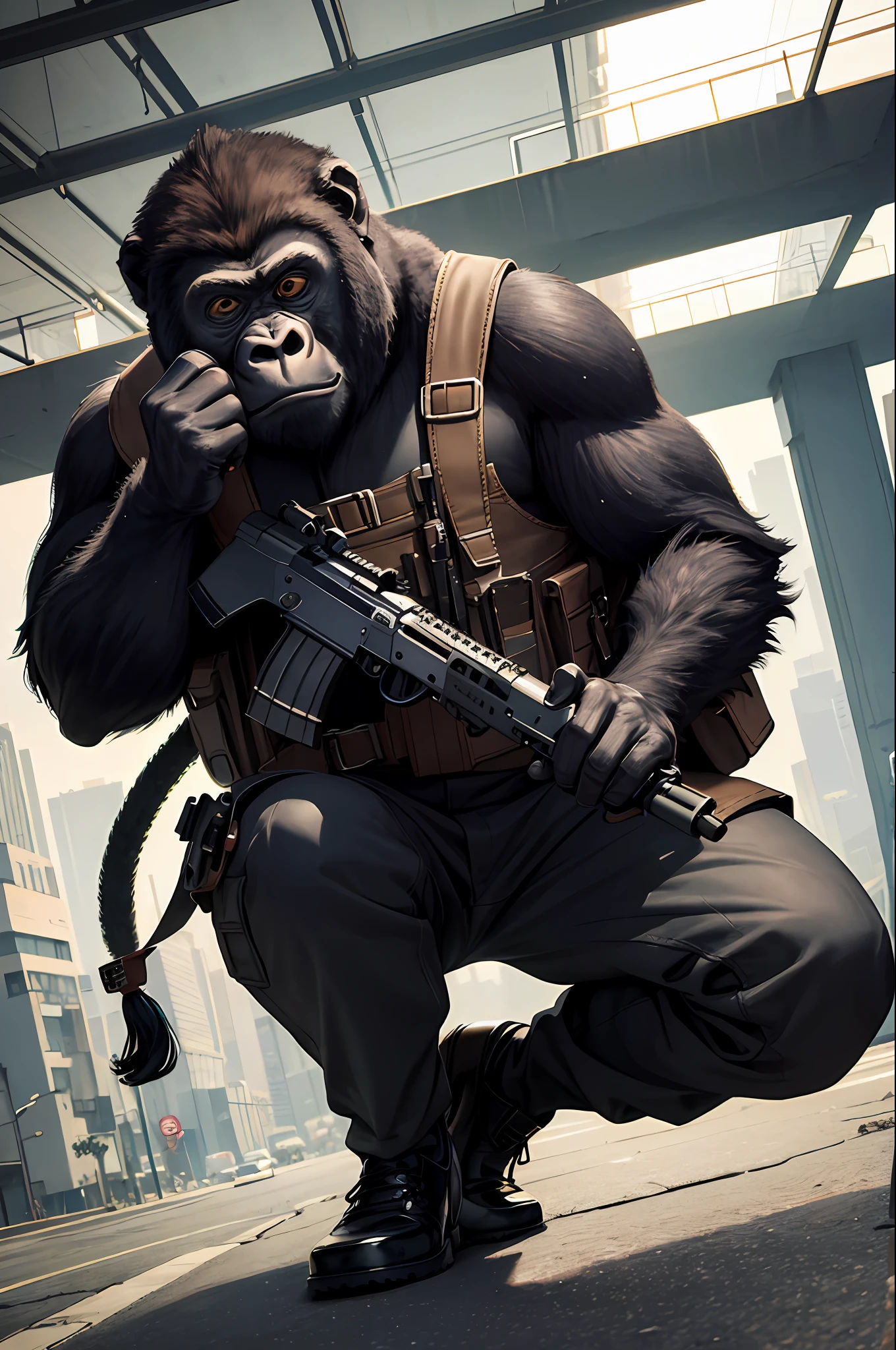 masterpiece, best quality, realistic , fashion monkey, gorilla, blur, book, cable, cyberpunk, gloves, infrared sleeve with automatic rifle in hand, hood, solo,