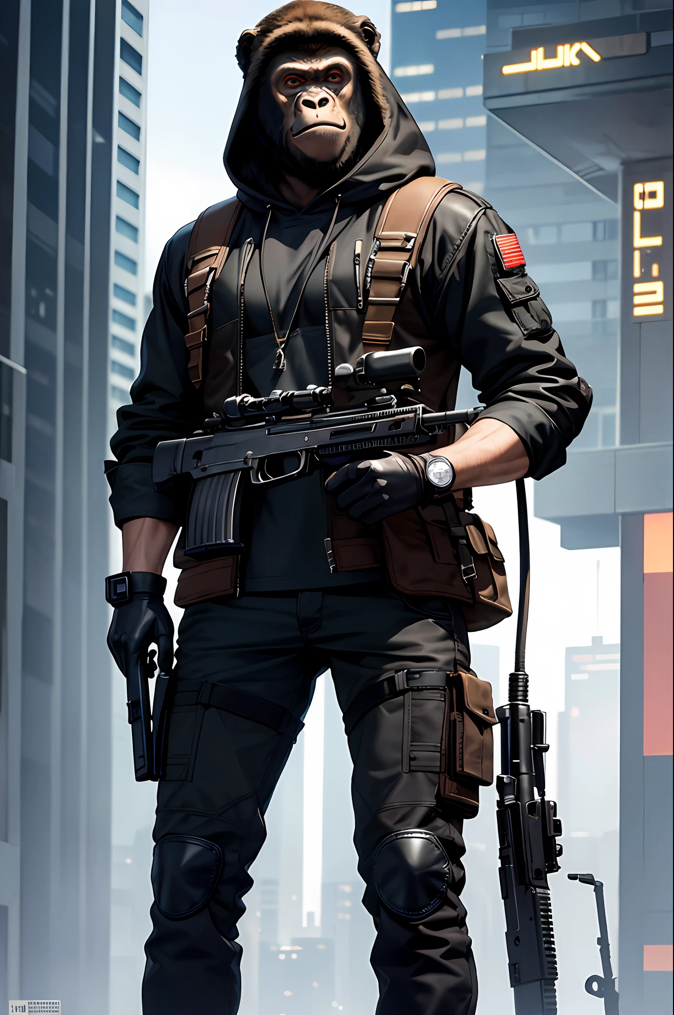 masterpiece, best quality, realistic , fashion monkey, gorilla, blur, book, cable, cyberpunk, gloves, infrared sleeve with automatic rifle in hand, hood, solo,