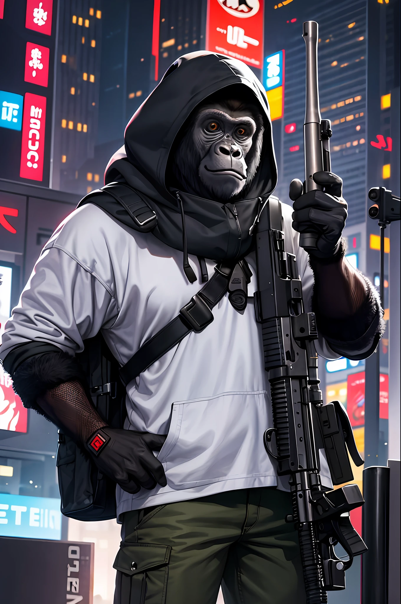 masterpiece, best quality, realistic , fashion monkey, gorilla, blur, book, cable, cyberpunk, gloves, infrared sleeve with automatic rifle in hand, hood, solo,