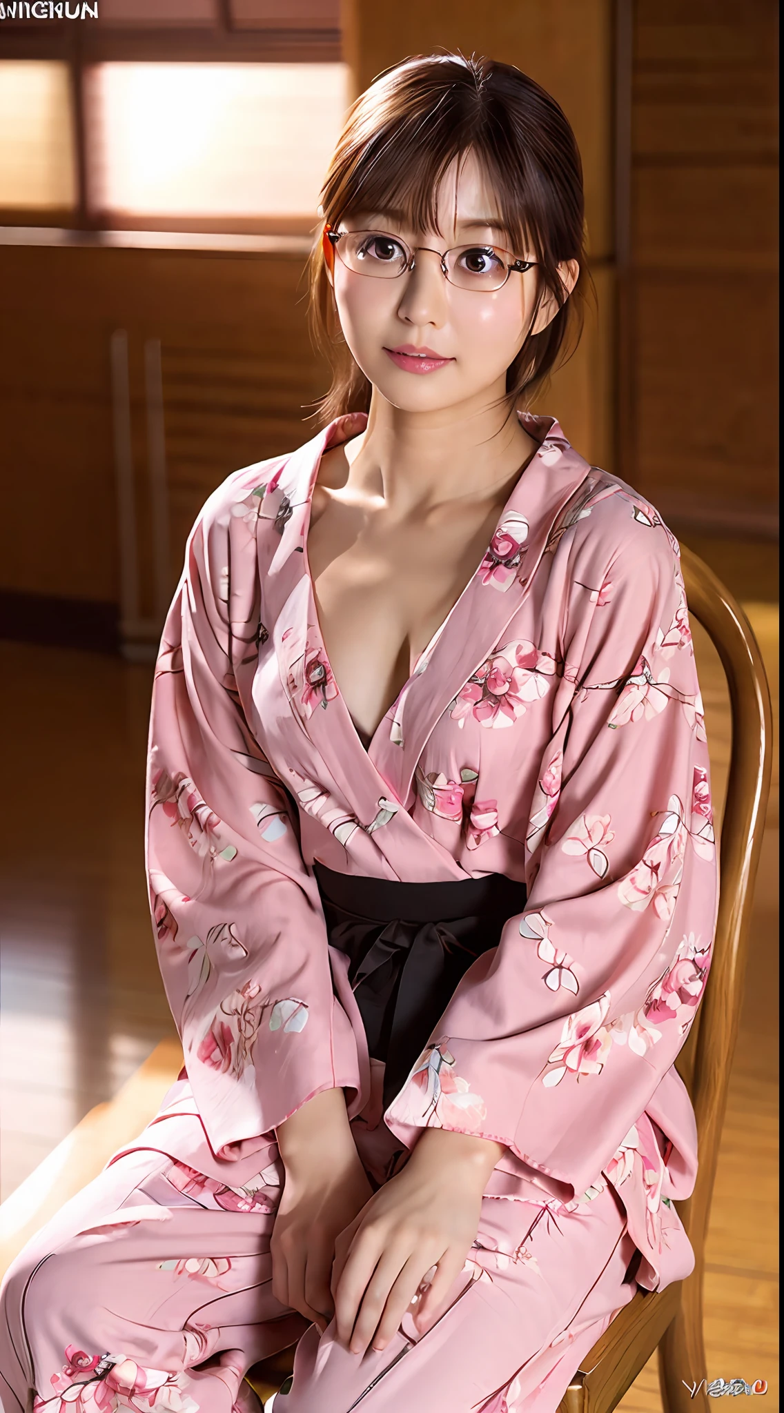 (yinchuan:1.5), close-up, masterpiece, best quality, raw photo, photorealistic, (((Small breasts: 2.0))), cleavage, beautiful face, soft smile, 20-year-old girl, light pink yukata, floral yukata, ((sits on a chair, beautiful legs visible)))), night, depth of field, high resolution, ultra detail, fine detail, highly detailed, highly detailed eyes and face, Sharp pupils, Realistic pupils,(((round brown glasses))), areola slip, dark blonde berry shorthair, ((full body))