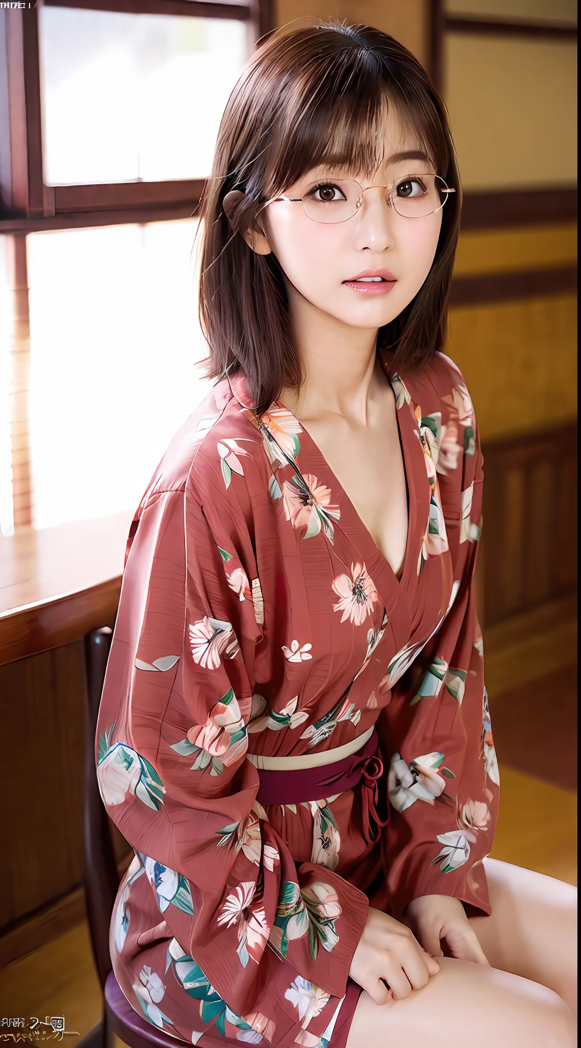 (yinchuan:1.5), close-up, masterpiece, best quality, raw photo, photorealistic, (((Small breasts: 2.0))), cleavage, beautiful face, soft smile, 20-year-old girl, light pink yukata, floral yukata, ((sits on a chair, beautiful legs visible)))), night, depth of field, high resolution, ultra detail, fine detail, highly detailed, highly detailed eyes and face, Sharp pupils, Realistic pupils,(((round brown glasses))), areola slip, dark blonde berry shorthair, ((full body))