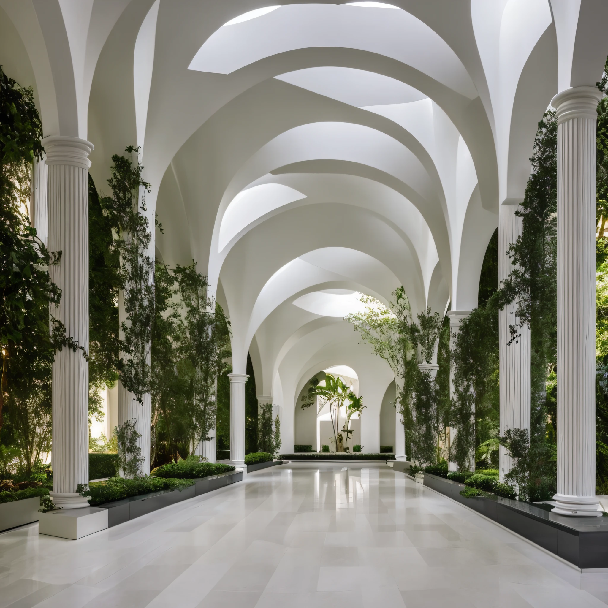 Well-lit hall of white organic architecture with pillars and garden in the background --auto --s2