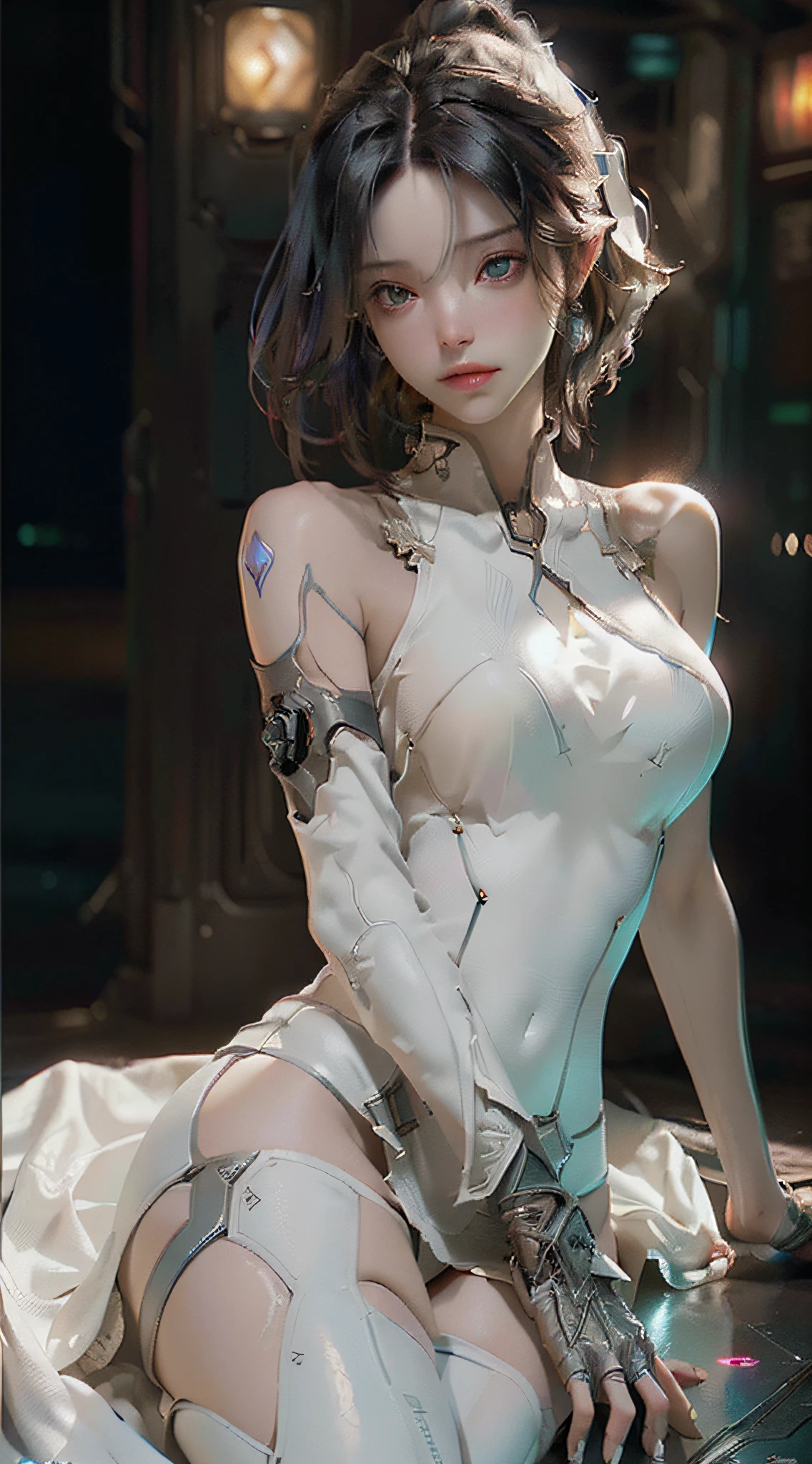 (Best Quality), ((Masterpiece), (Detail: 1.4), 3D, A Beautiful Cyberpunk Woman, HDR (High Dynamic Range), Ray Tracing, NVIDIA RTX, Super-Resolution, Unreal 5, Subsurface Scattering, PBR Textures, Post-Processing, Anisotropic Filtering, Depth of Field, Maximum Sharpness and Clarity, Multi-layer Textures, Albedo and Highlight Maps, Surface Shading, Accurate simulation of light-material interactions, perfect proportions, Octane Render, two-color light, large aperture, low ISO, white balance, rule of thirds, 8K RAW, exposed side breasts, fair slender long legs