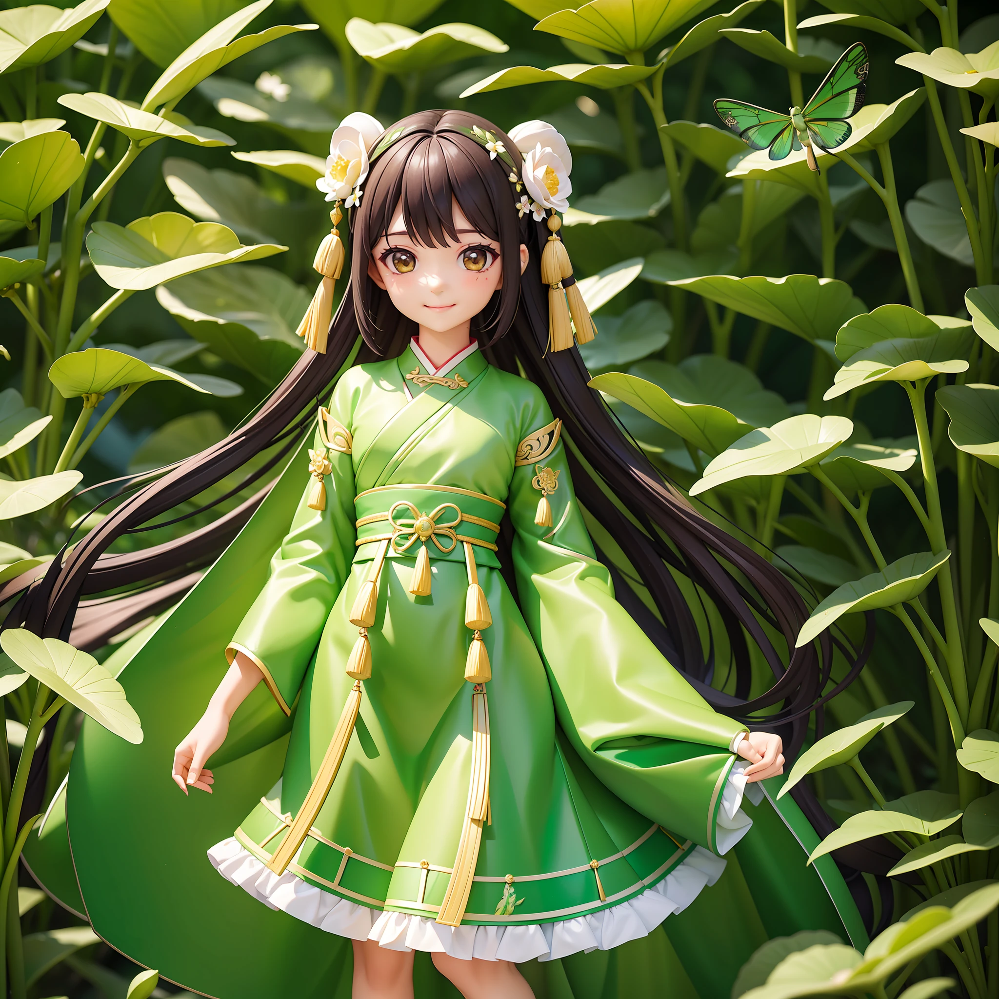 ((Masterpiece)), high quality, super detailed, black hair + green and white clothing, full body, li, single girl, delicate facial features, brown eyes, lotus, dragonfly, traditional Chinese Hanfu, summer, smile, bright and bright colors, romantic long hair, natural light, warm and sweet, gorgeous hair decoration