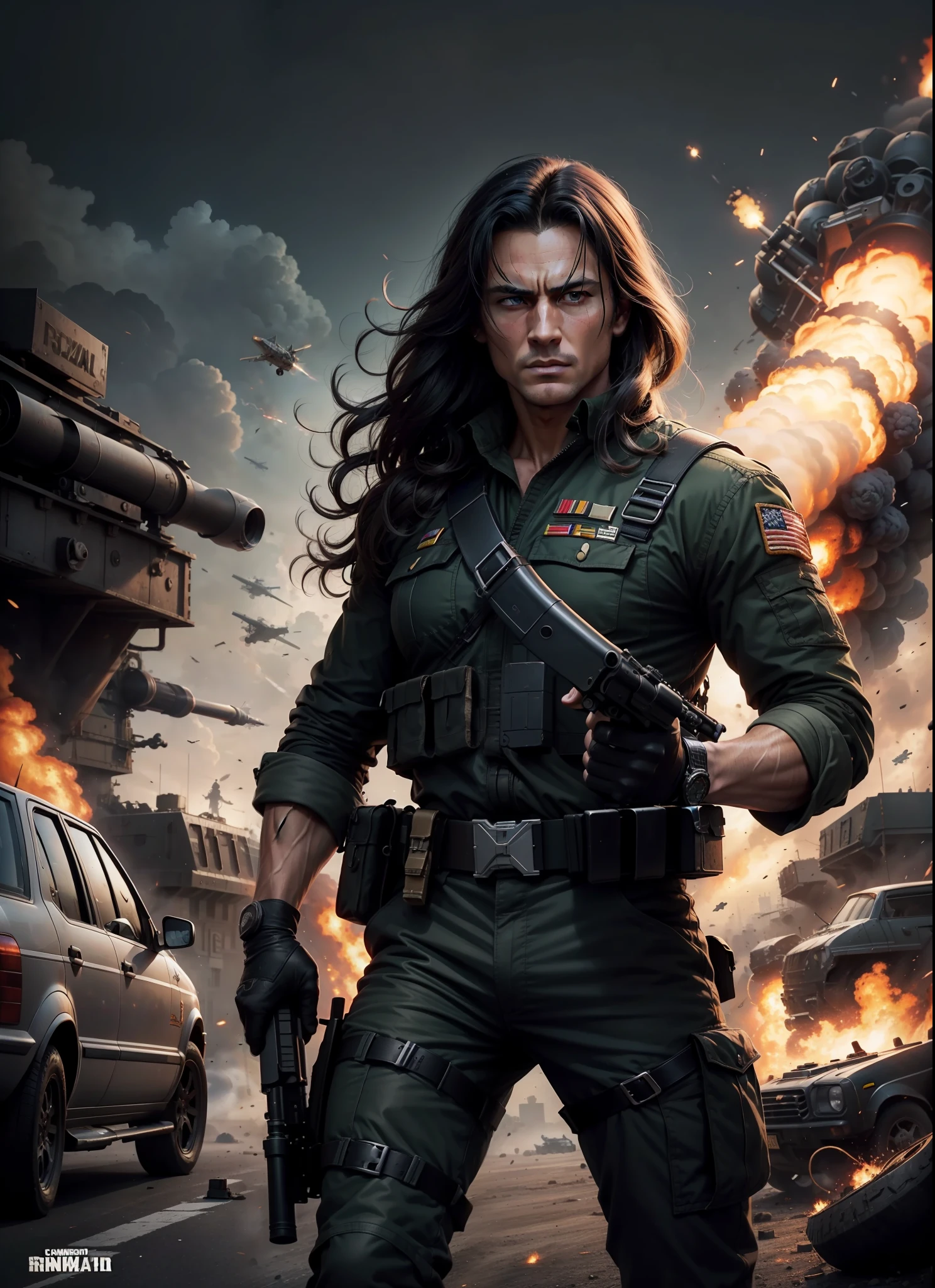 Commando movie poster, medium dark long hair, with big gun in hand, black suit, rivets, explosions, cars, planes, just one body