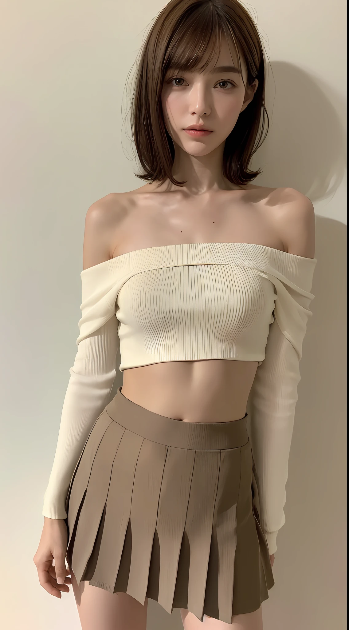 ((Night, Real Light, Top Quality, 8k, Masterpiece: 1.3)), 1 girl, Slender Figure: 1.4, Abs: 1.1, (Brown hair, Small: 1.3), Mini Pleated Skirt: 1.2, Off-shoulder, White room, Ultra detailed face, Detailed eyes, Double eyelids, Navel, With bangs