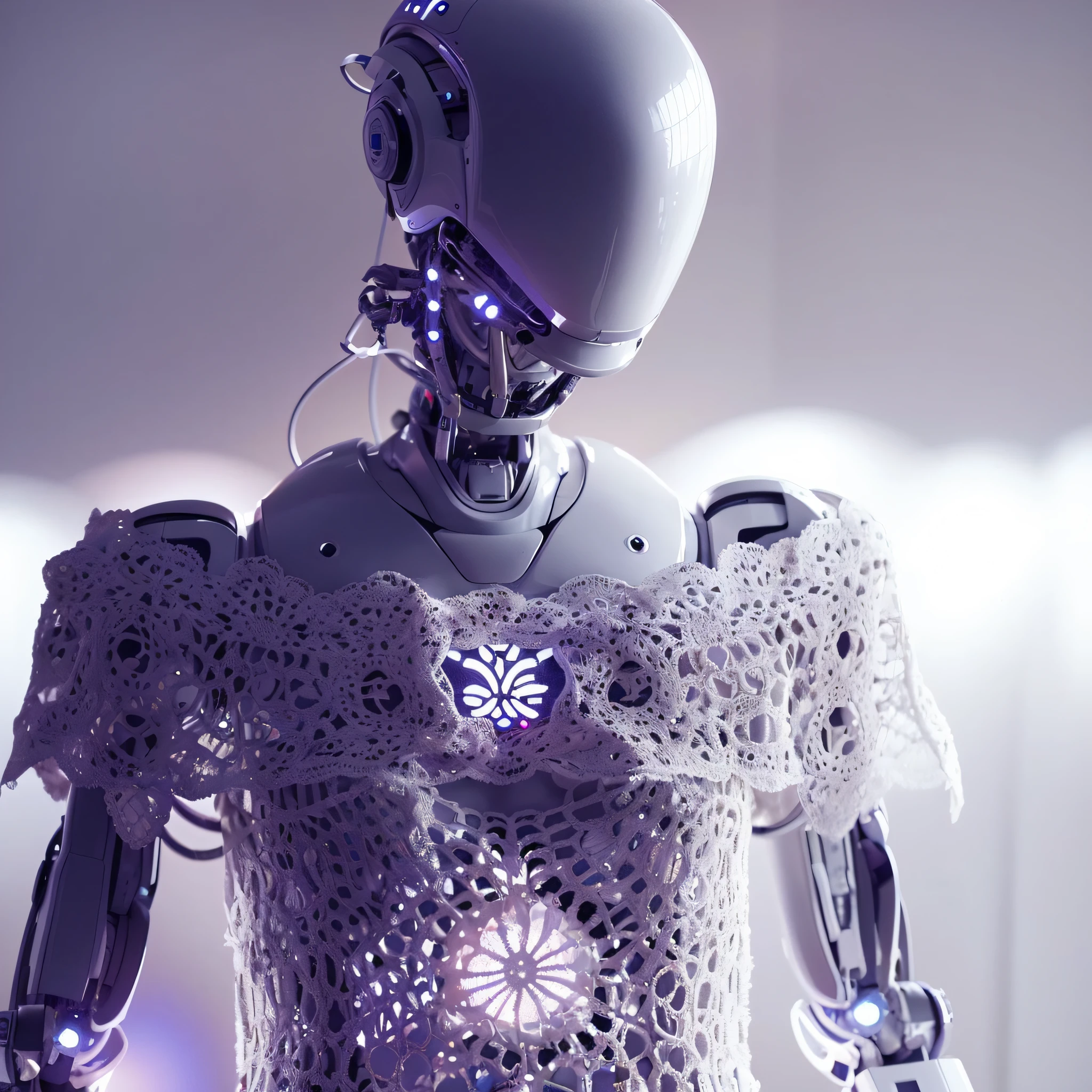 There is a robot that is standing in a room with a lace dress, futuristic robot body, robotic body, detailed humanoid, integrated synthetic android, white cyborg fashion shot, humanoid robot, white robot, robot with human face, cyborg fashion model, futuristic robot, partial robotic body, robot body, porcelain cyborg, strong artificial intelligence, the most advanced humanoid robot, the AI singularity to come
