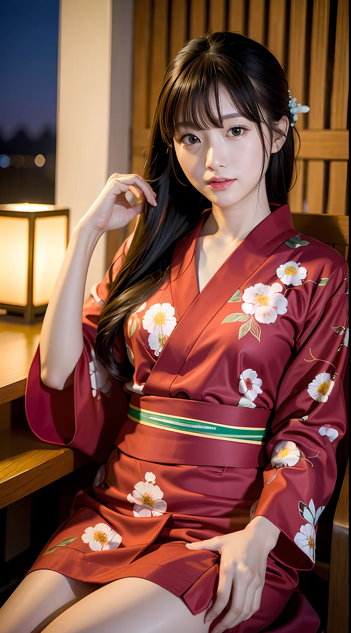 (yinchuan:1.5), close-up, masterpiece, best quality, raw photo, photorealistic, big breasts, beautiful face, soft smile, 20 year old girl, red fabric yukata, floral yukata, sitting on a chair, beautiful legs visible, night, depth of field, high resolution, ultra detail, fine detail, highly detailed, highly detailed eyes and face, sharp pupils, realistic pupils,