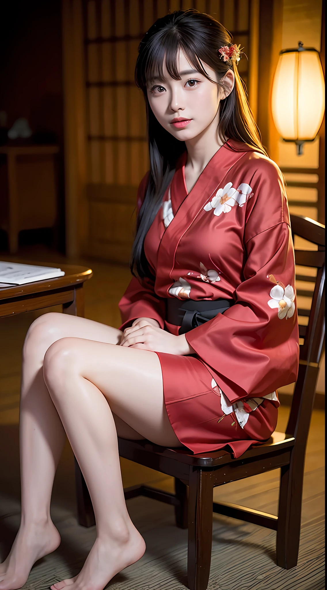 (yinchuan:1.5), close-up, masterpiece, best quality, raw photo, photorealistic, big breasts, beautiful face, soft smile, 20 year old girl, red fabric yukata, floral yukata, sitting on a chair, beautiful legs visible, night, depth of field, high resolution, ultra detail, fine detail, highly detailed, highly detailed eyes and face, sharp pupils, realistic pupils,