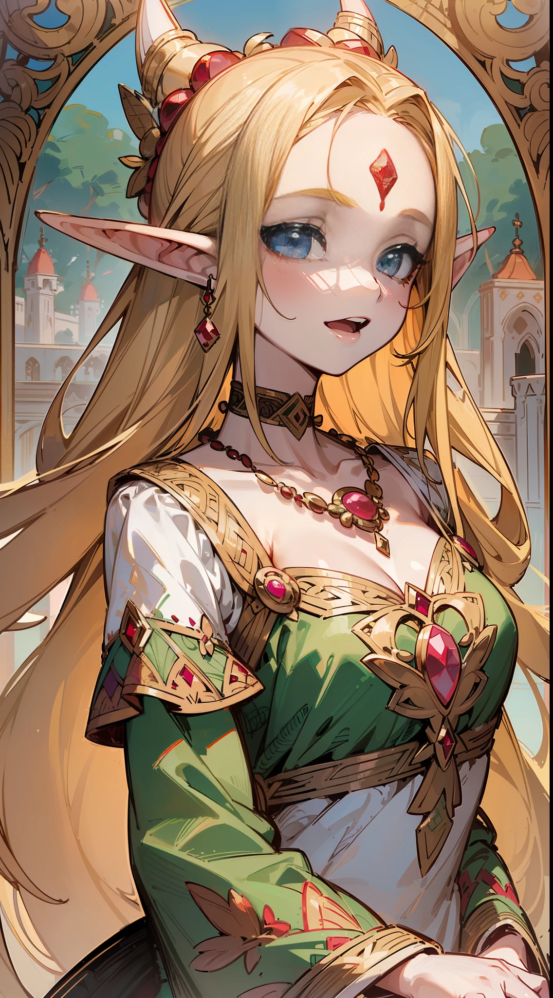 Vast field, 8K, surreal drawing, detailed illustrations, drawn eyes, perfect details, SOLO, full body, (((((Young Beauty Elf)))), tapered and long ears, Vertical oval face, Wide choker, Vast garden of the palace, Smile, (((Dense embroidery)), oversized white camisole, small breasts, Blonde hair, moisturized eyes, open mouth, Ruddy face, heavy sigh, A ruby ornament in the center of the forehead, a luxurious and heavy jewel necklace, ((25mm)),