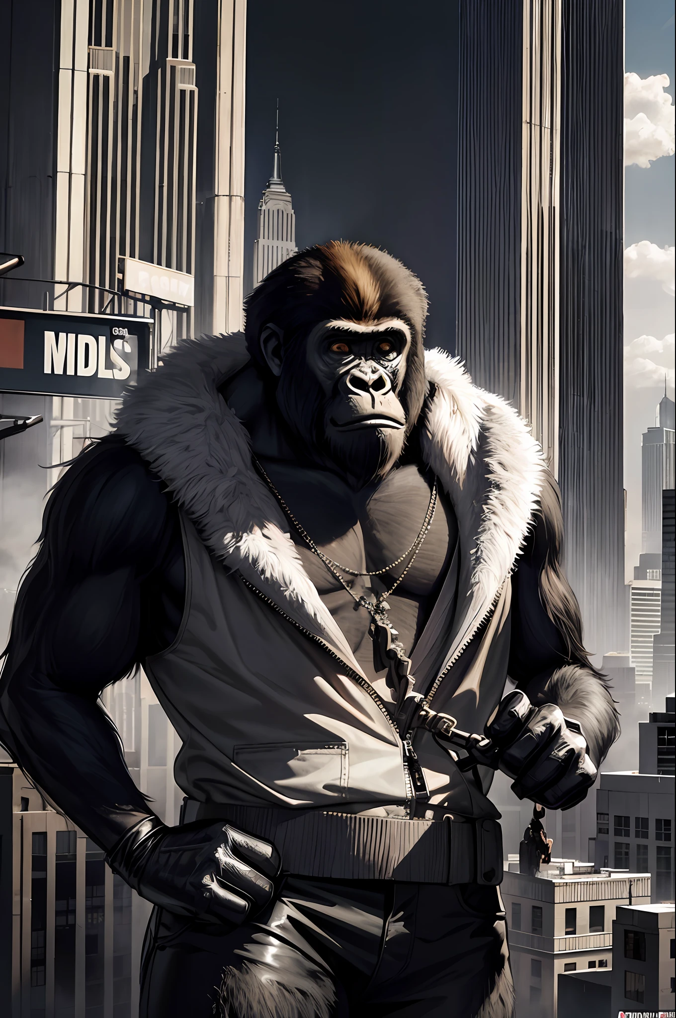 masterpiece, best quality, realistic , fashion monkey, gorilla, King Kong, standing in the empire state building holding beloved woman against dozens of helicopters, blur, book, cable, cyberpunk, gloves, infrared cover, holding, hood, solo,