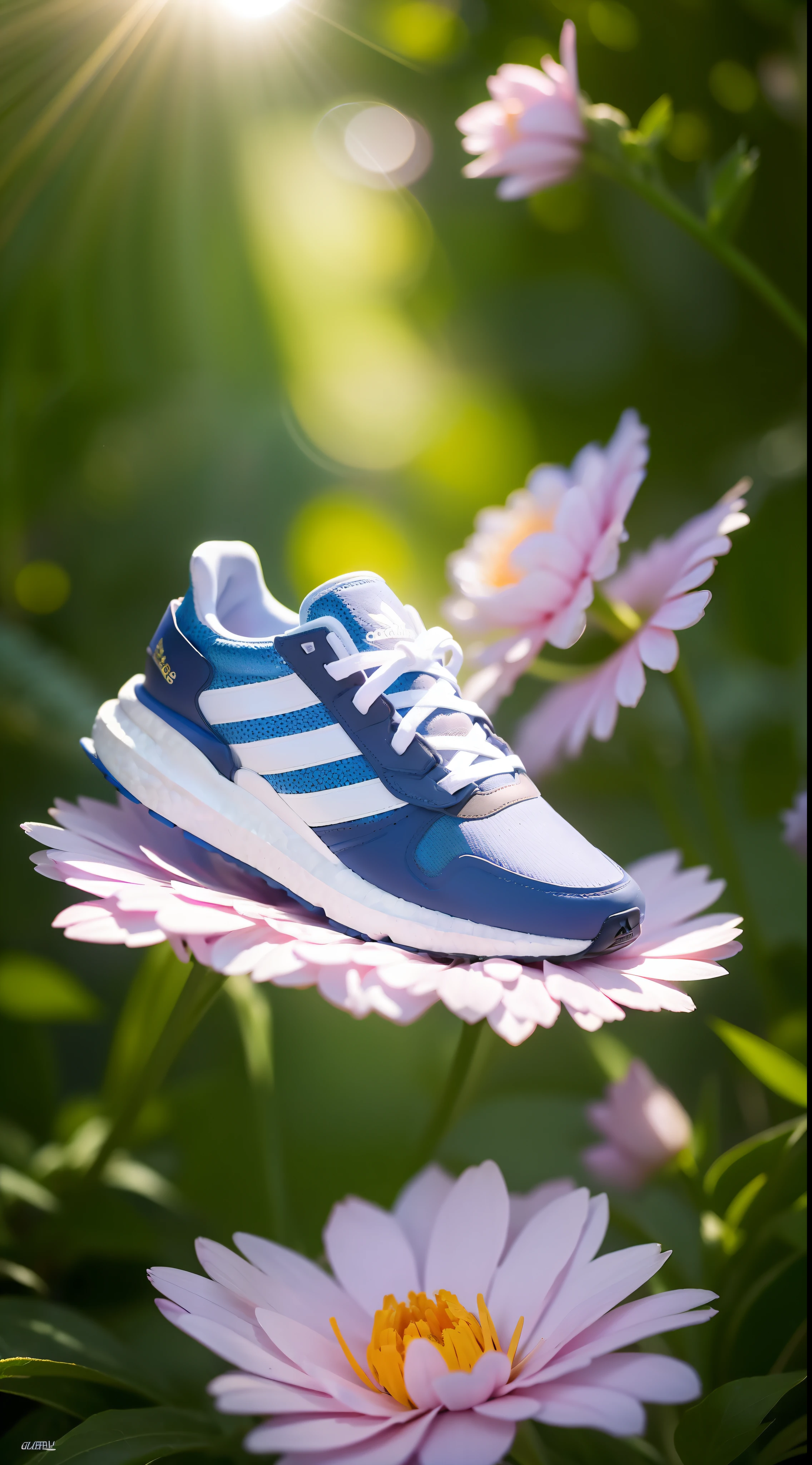 adidas sneakers, air, backlight, flowers, petals, outdoor, advertising, product shooting, tyndall effect, lens flare, shadow, bloom, backlight, depth of field, natural lighting, (best quality), HD, 32k, detail features