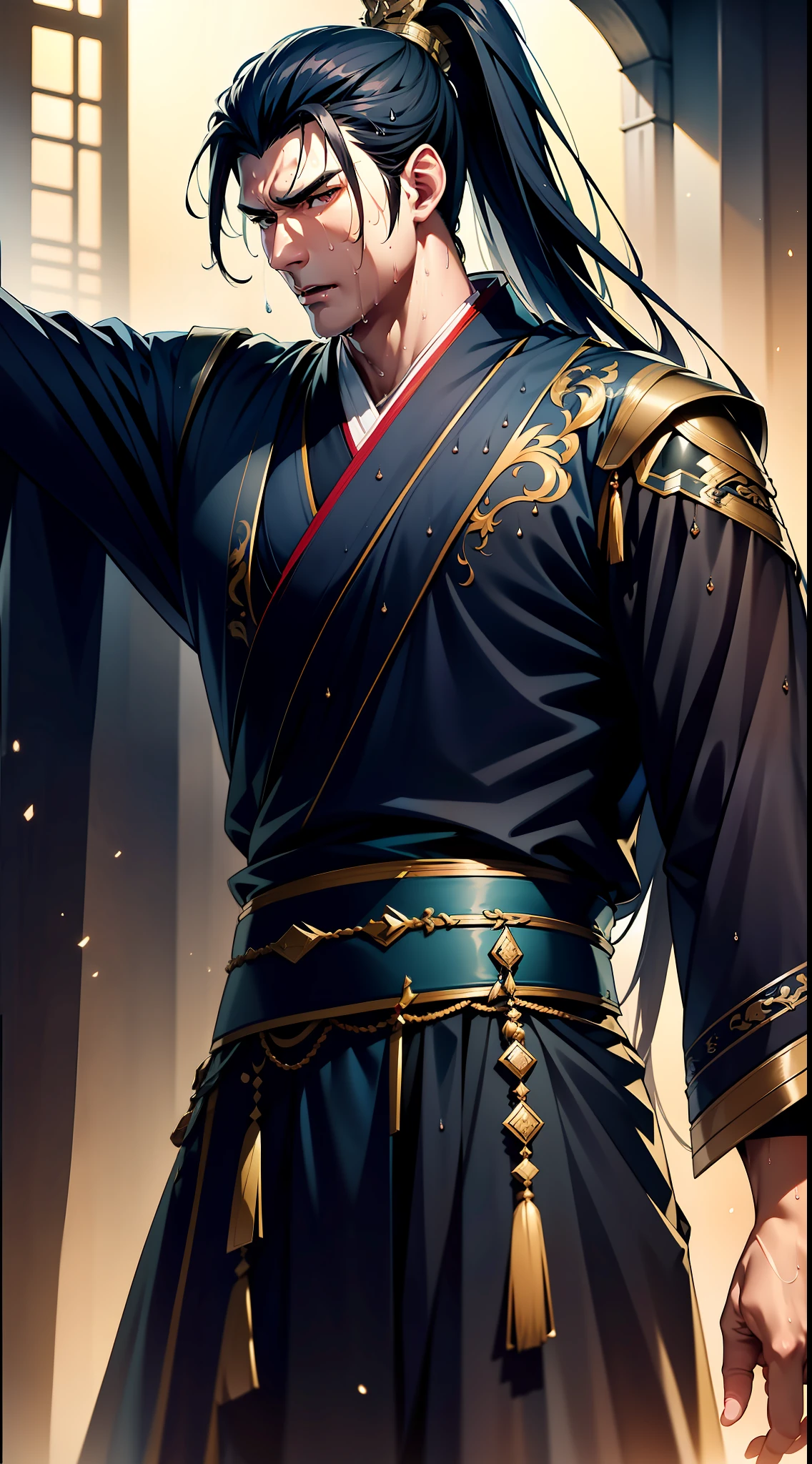 Two-dimensional, anime style, man (male warrior), muscle, correct proportions, face details, martial arts, high ponytail hairstyle, sweating, sweaty face, drooling, neck details, with Adam's apple, wet, wet, Hanfu costume, long robe, embroidered robe, dragon robe, clothing details, collar, long sleeves, game quality, swordsman demeanor, light and shadow tracing, ray tracing, detail glow, CG rendering, hair details, long black hair, golden eyes, sweaty face, handsome, handsome, sweat beads slipping down the neck, (juvenile feeling), complex clothing, wet, wet, perfect composition, refinement, high quality, more details, a lot of details, complex background, atmosphere,