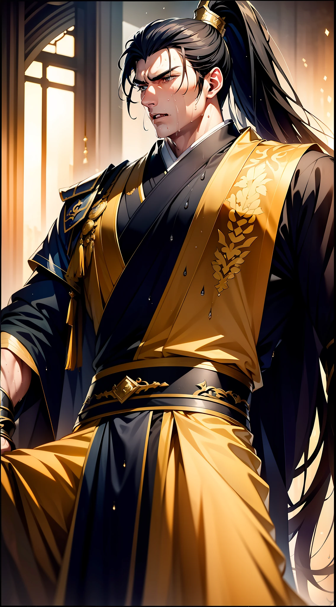 Two-dimensional, anime style, man (male warrior), muscle, correct proportions, face details, martial arts, high ponytail hairstyle, sweating, sweaty face, drooling, neck details, with Adam's apple, wet, wet, Hanfu costume, long robe, embroidered robe, dragon robe, clothing details, collar, long sleeves, game quality, swordsman demeanor, light and shadow tracing, ray tracing, detail glow, CG rendering, hair details, long black hair, golden eyes, sweaty face, handsome, handsome, sweat beads slipping down the neck, (juvenile feeling), complex clothing, wet, wet, perfect composition, refinement, high quality, more details, a lot of details, complex background, atmosphere,