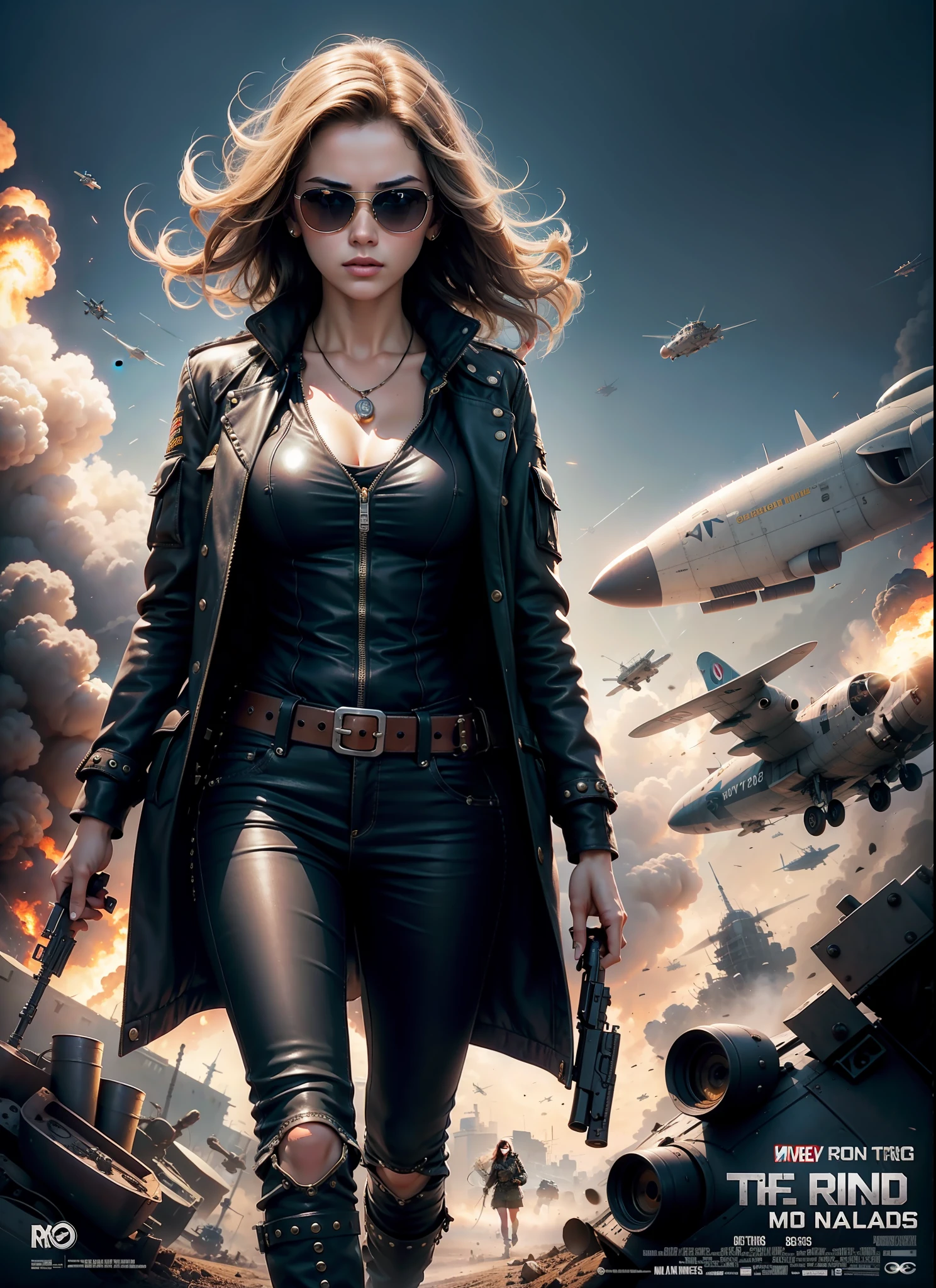 Movie poster, beautiful woman, sunglasses, rivets, one girl, explosions, gun in hand, cars, planes, front view, full body