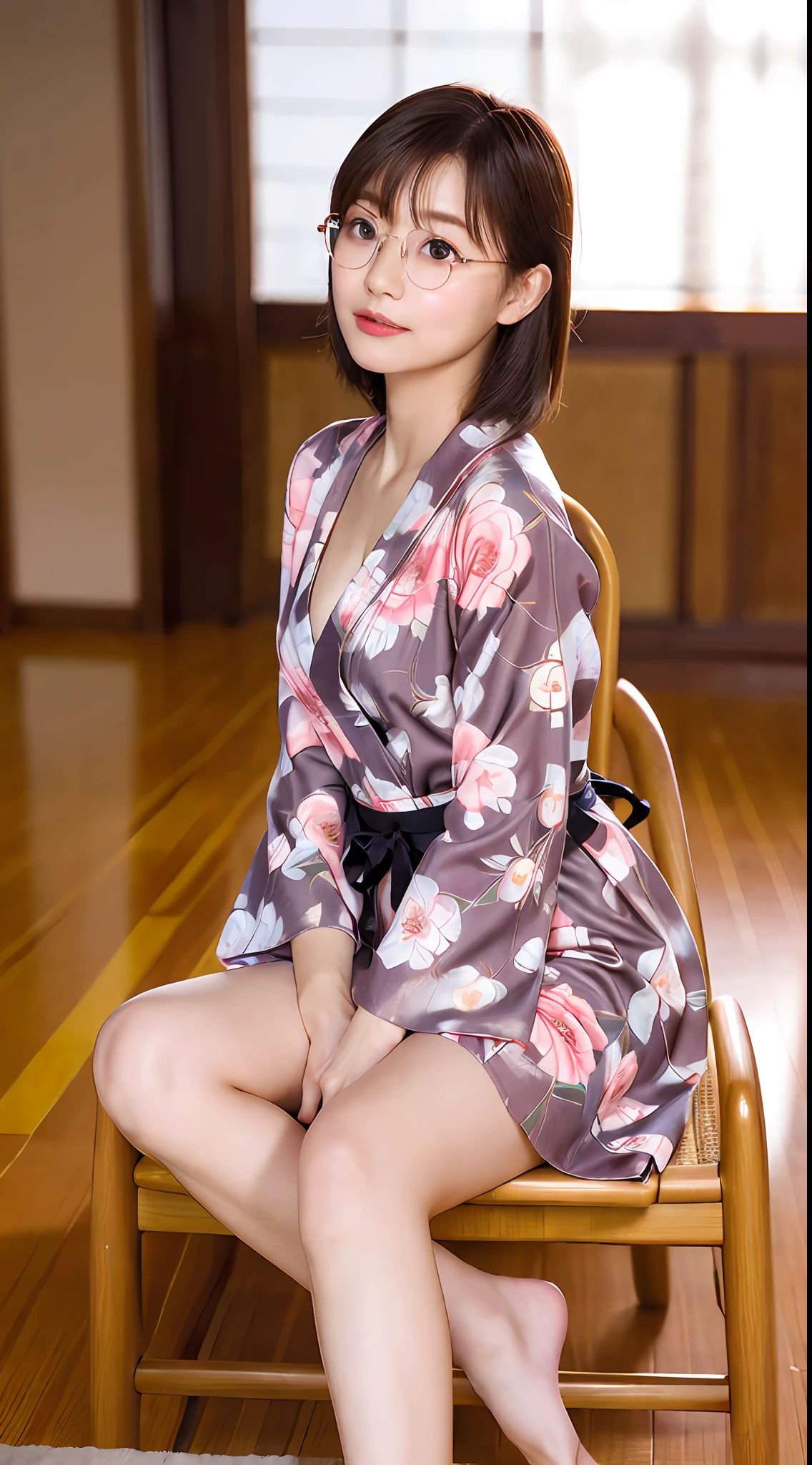 (yinchuan:1.5), close-up, masterpiece, best quality, raw photo, photorealistic, (((Small breasts: 2.0))), cleavage, beautiful face, soft smile, 20-year-old girl, light pink yukata, floral yukata, ((sits on a chair, beautiful legs visible)))), night, depth of field, high resolution, ultra detail, fine detail, highly detailed, highly detailed eyes and face, sharp pupils, realistic pupils, ((round brown glasses)), areola slip, dark blonde berry shorthair, ((full body)), from below,