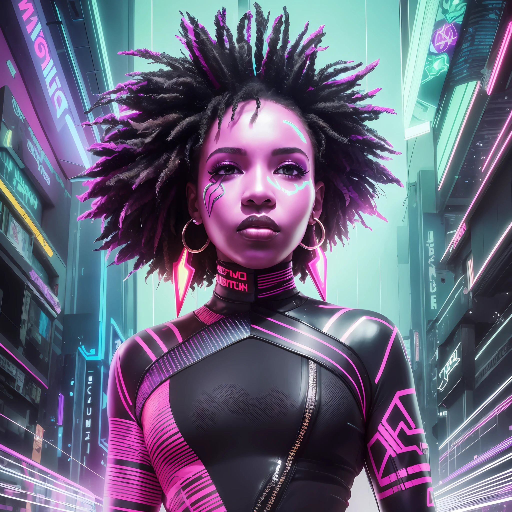 Realistic photo, portrait black woman cyberpunk, neon lights, futuristic, with black power hair, left side view, color wash splach, multicolored, vibrant colors afro tribal adornments, confident look, transparent background --auto --s2