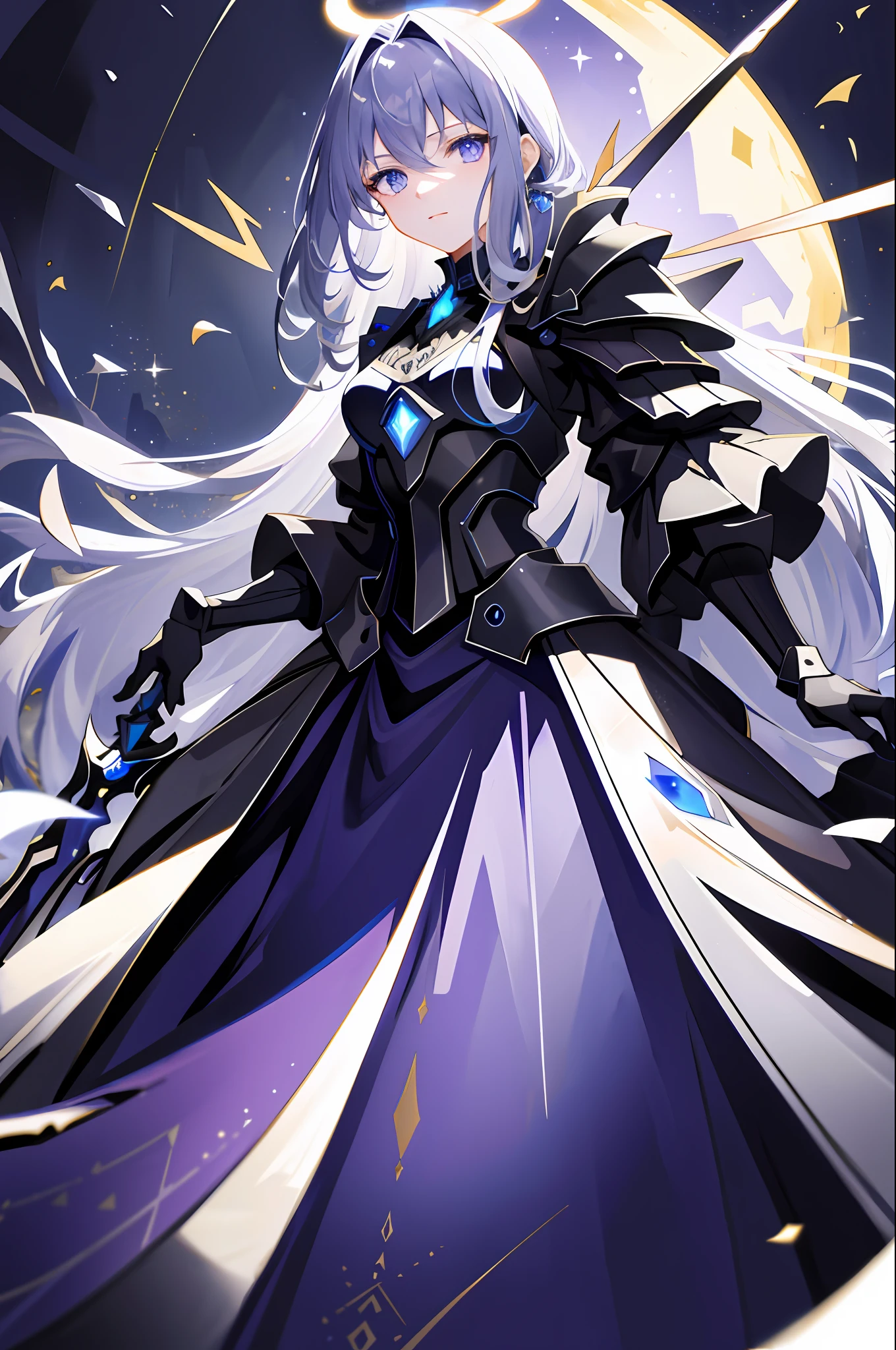 ((Masterpiece:1.2, Best Quality)), 1girl, solo, aurora, night, stars (sky), night sky, open mouth, starry sky, blue eyes, ribbon, long hair, smile, cape, magic, spell casting, dark clouds, night, (impressionist: 1.4), (tarot: 1.3), grey hair, colored inner hair, crossed bangs, long hair, messy hair, halo, glowing eyes, purple eyes, expressionless, surrealism, drop shadow, stereogram, tachi-e, chiaroscuro, 8k, super detail, ccurate, best quality, black long dress, shawl, mechanical limbs, black boots, quiet and eerie, high details, super detail, single, sword, armored dress, dark fantacy, UHD, masterpiece, best quality, royal sister, stained glass, beautiful and delicate eyes, jellyfish, no skin