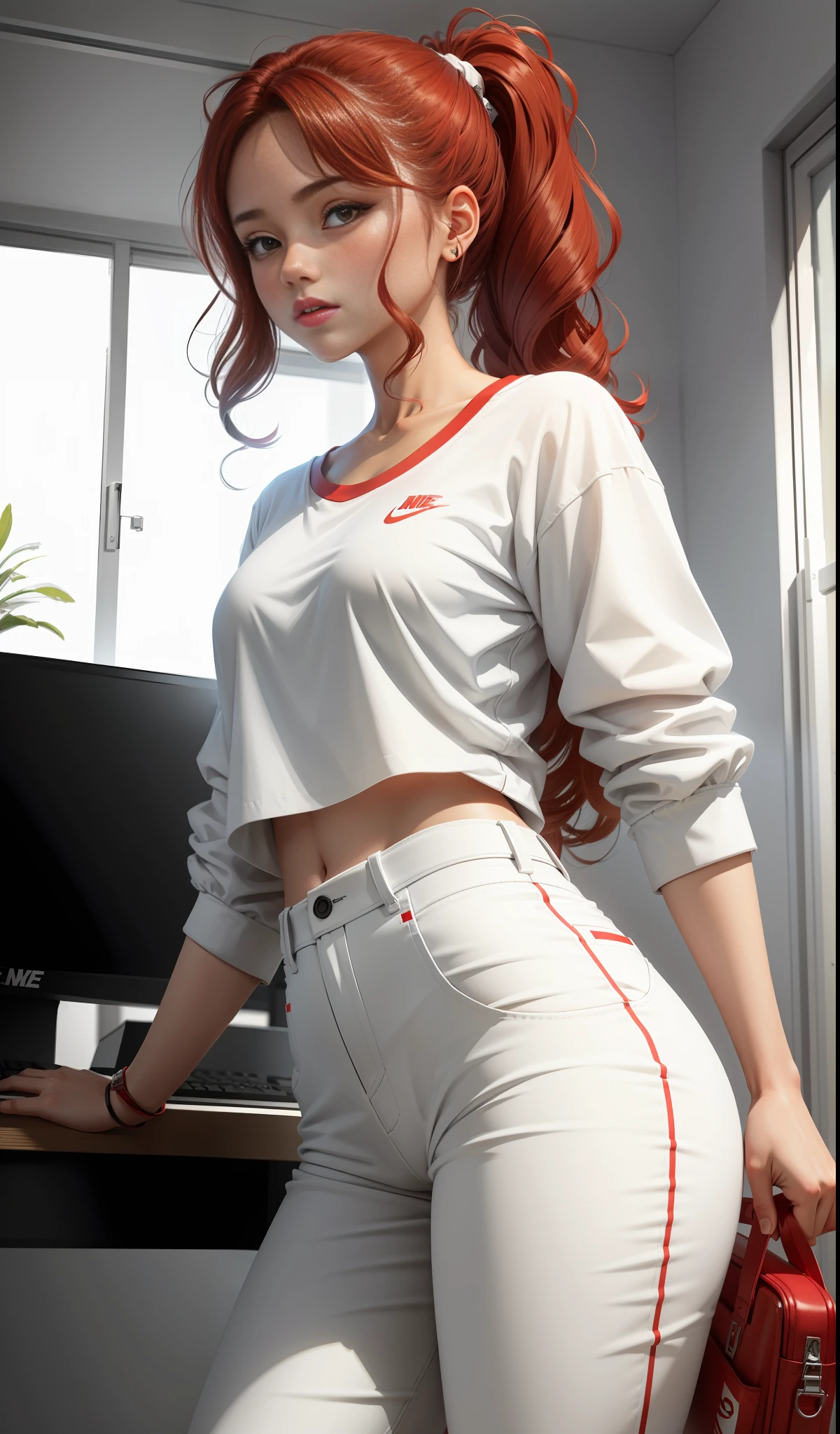 A woman in a white shirt and red pants is playing video games, minimalist style, wearing elegant casual clothes, soft red, simple clothes, milk and red style, casual clothing style, modern fashion clothing, wearing fisherman, casual modern clothing, inspo, red clothes, red pants, neutral tones, rred and white color scheme, casual business wear, scary face, nike shoes, 22 years old, adult face, Double ponytail, curly hair,