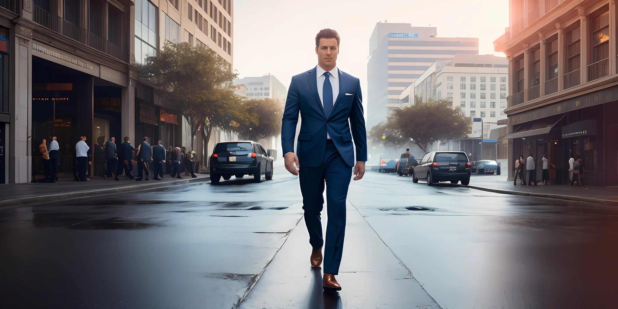 one handsome businessman, full body, navy blue suit, light blue shirt, fit, walking down the street, photorealistic, photo, masterpiece, realistic, realism, photorealism, high contrast, photorealistic digital art trending on Artstation 8k HD high definition detailed realistic, detailed, skin texture, hyper detailed, realistic skin texture, armature, best quality, ultra high res, (photorealistic:1.4),, high resolution, detailed, raw photo, sharp re, by lee jeffries nikon d850 film stock photograph 4 kodak portra 400 camera f1.6 lens rich colors hyper realistic lifelike texture dramatic lighting unrealengine trending on artstation cinestill 800,