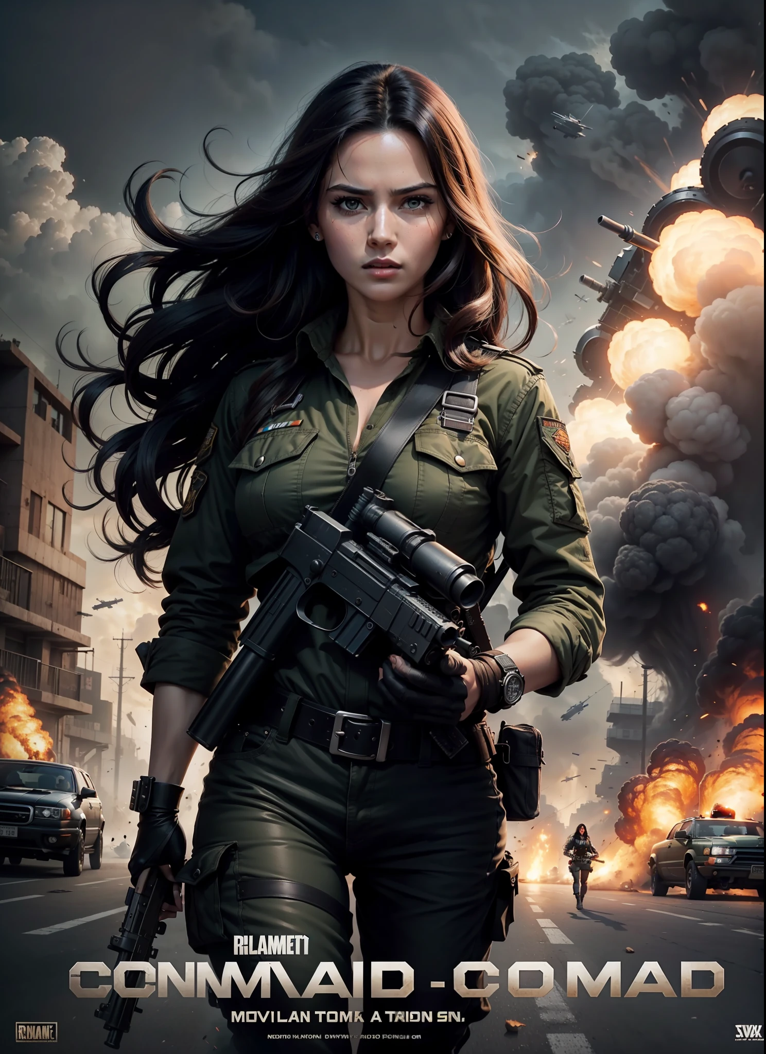 Commando movie poster, beautiful woman, medium dark long hair, with big gun in hands, black clothes, rivets, explosions, cars, airplanes, just one body