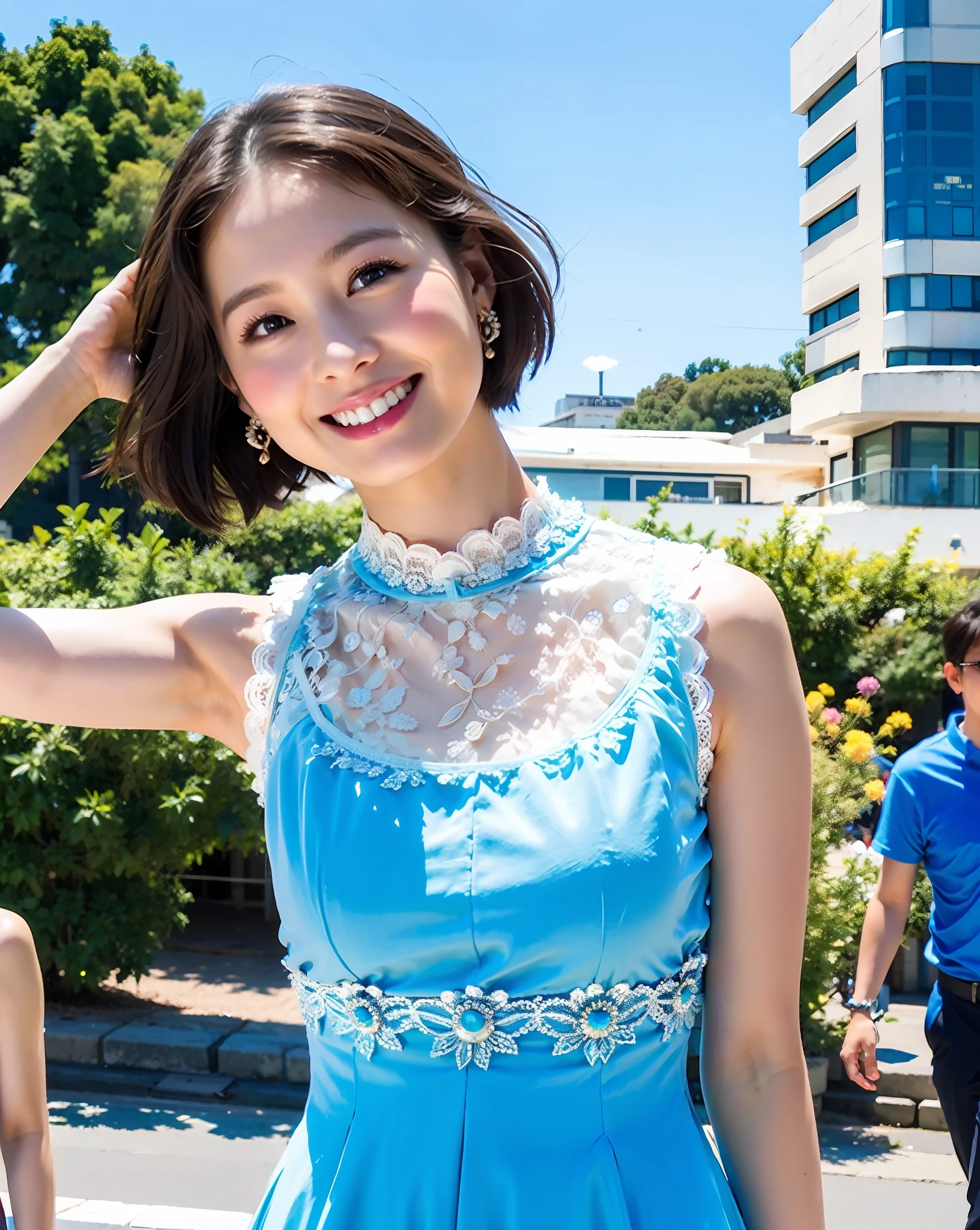 a woman posing on the street corner with light blue dress on, best quality, 1girl, large breasts, day, bright, blur background, bokeh, outdoor, (street:0.8), (people, crowds:1), (lace-trimmed dress:1.5, sleeveless dress, light blue clothes, light blue high-neck dress:1.2, blue dress: 1.5), gorgeous, (short hair, forehead:1.2), beautiful detailed sky, earrings, (dynamic pose:1.2), (upper body:0.8), soft lighting, wind, shiny skin, smile,