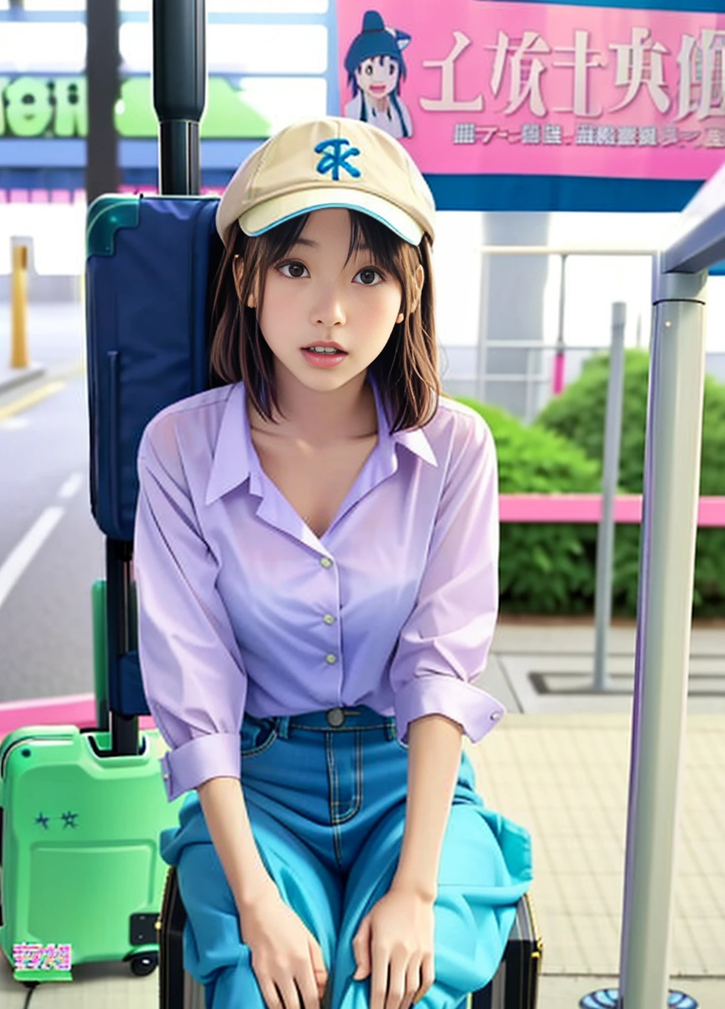 Woman leaning on pole with suitcase and hat, realistic young gravure idol, young skinny gravure idol, Chiho Aoshima, young sensual gravure idol, young pretty gravure idol, magazine photo, young gravure idol, Aoi Ogata, sophisticated gravure idol, kemono, Chiaki Nanami