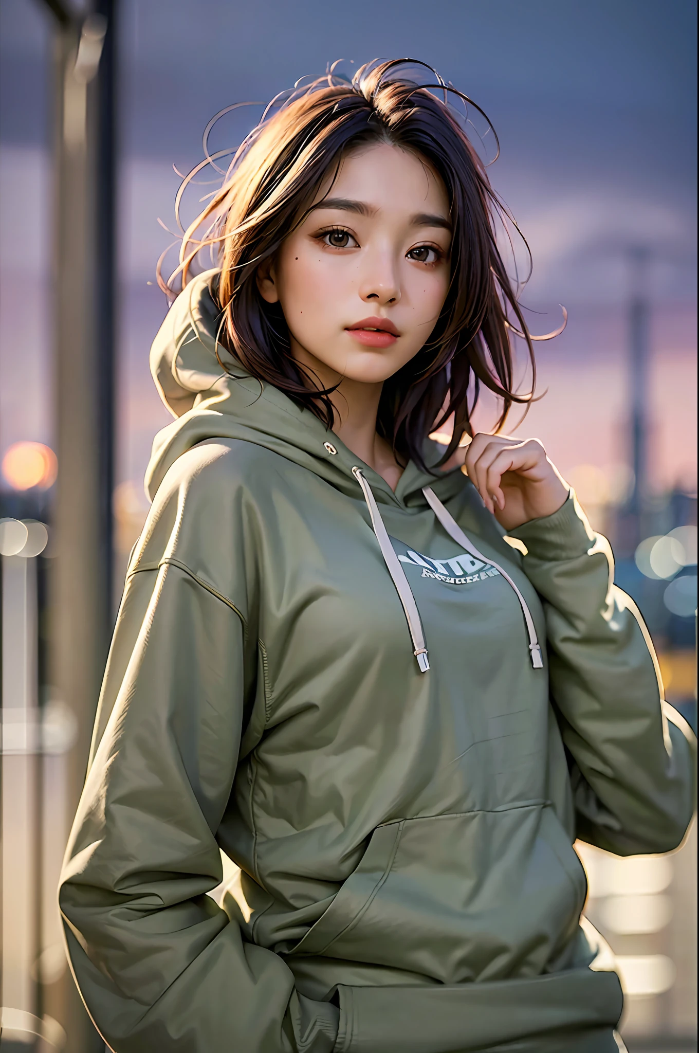 Masterpiece, photorealistic, high detail, photo of 22 year old beautiful woman wearing casual shirt with a hoodie and leggings standing in front of a city skyline at sunrise, messy medium hair, slim body, medium upper body shot, looking at the camera, short smile, shallow depth of field, 8k uhd, dslr, soft lighting, high quality, photorealistic, realism, hyperrealism, art photography,looking away, looking to the side, looking afar, looking at another