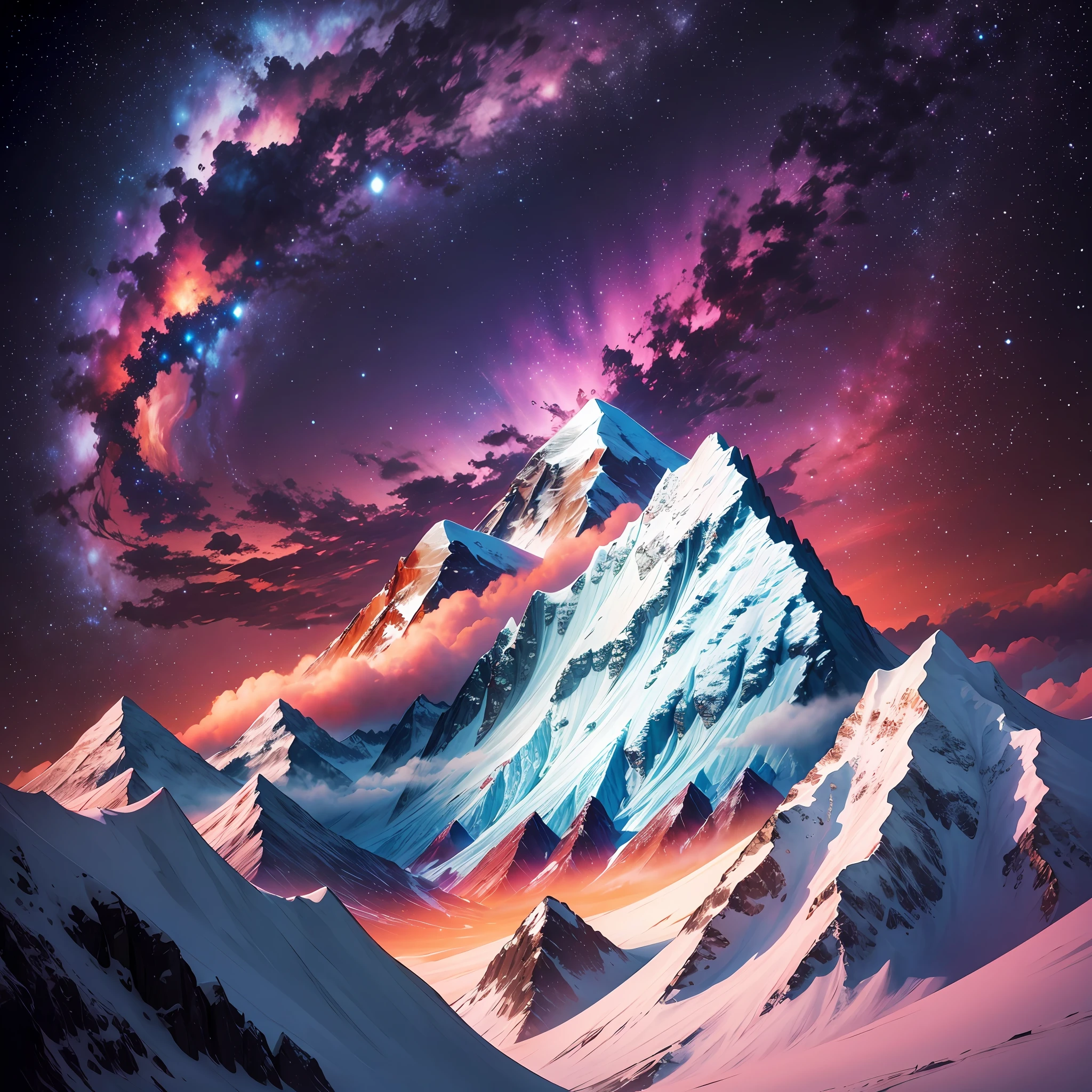 Photorealistic style, Mount Everest in the background seen from below, sky with spiral galaxy approaching, sunrise, explosion of colors, cinematic --auto --s2