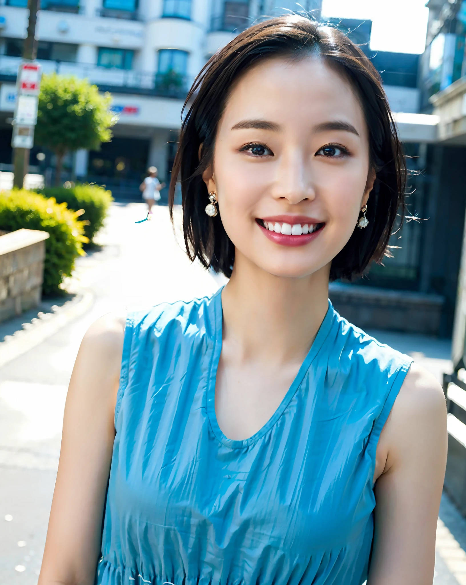 a woman posing on the street corner with light blue dress on, best quality, 1girl, large breasts, day, bright, blur background, bokeh, outdoor, (street:0.8), (people, crowds:1), (lace-trimmed dress:1.5, sleeveless dress, light blue clothes, light blue high-neck dress:1.2, blue dress: 1.5), gorgeous, (short hair, forehead:1.2), beautiful detailed sky, earrings, (dynamic pose:1.2), (upper body:0.8), soft lighting, wind, shiny skin, smile,