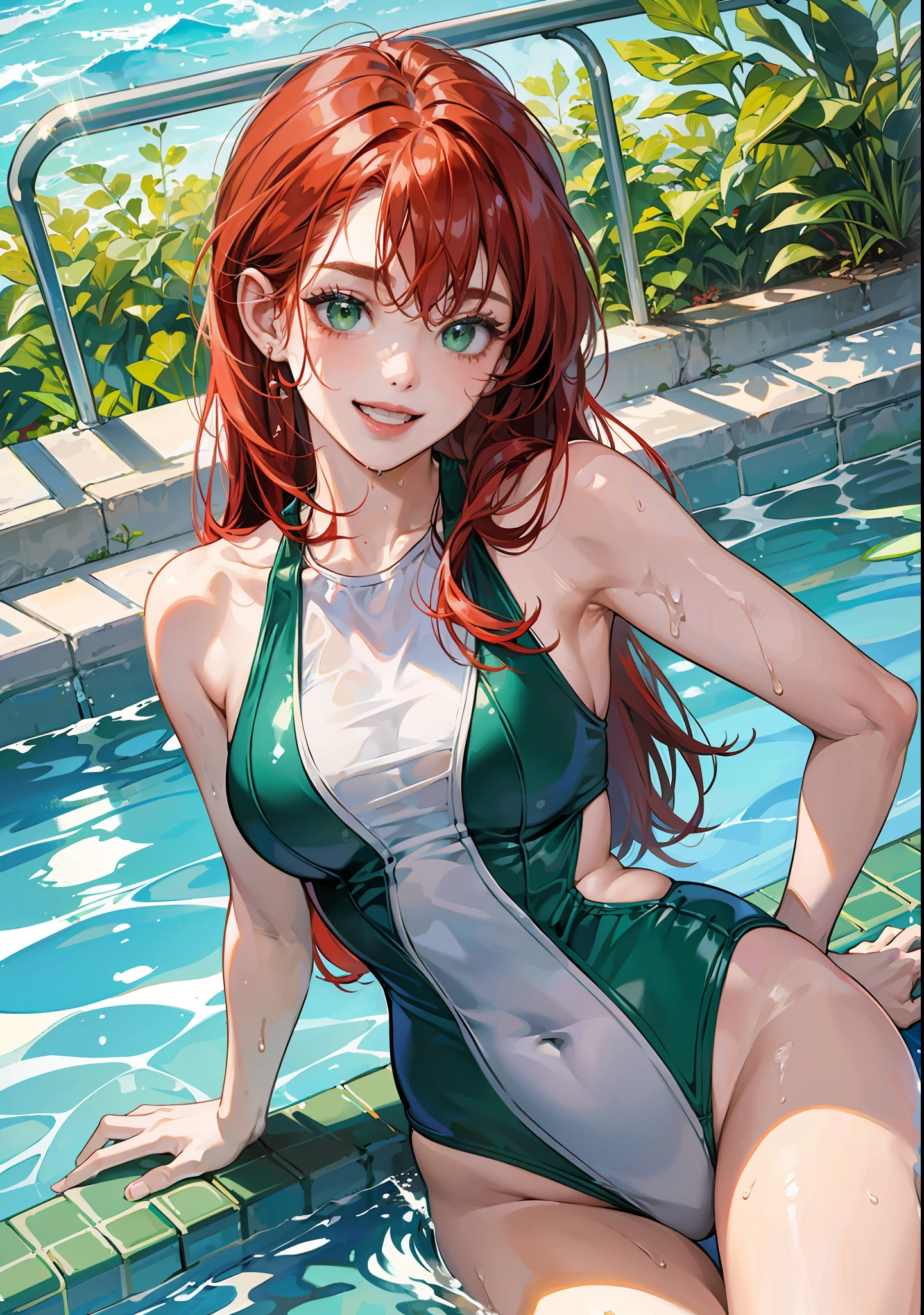 masterpiece, best quality, hi-res ,, one girl, solo, green eyes, long hair, red hair,, bangs, eyebrows, one-piece swimsuit, poolside, open mouth, smile, wet, --auto --s2
