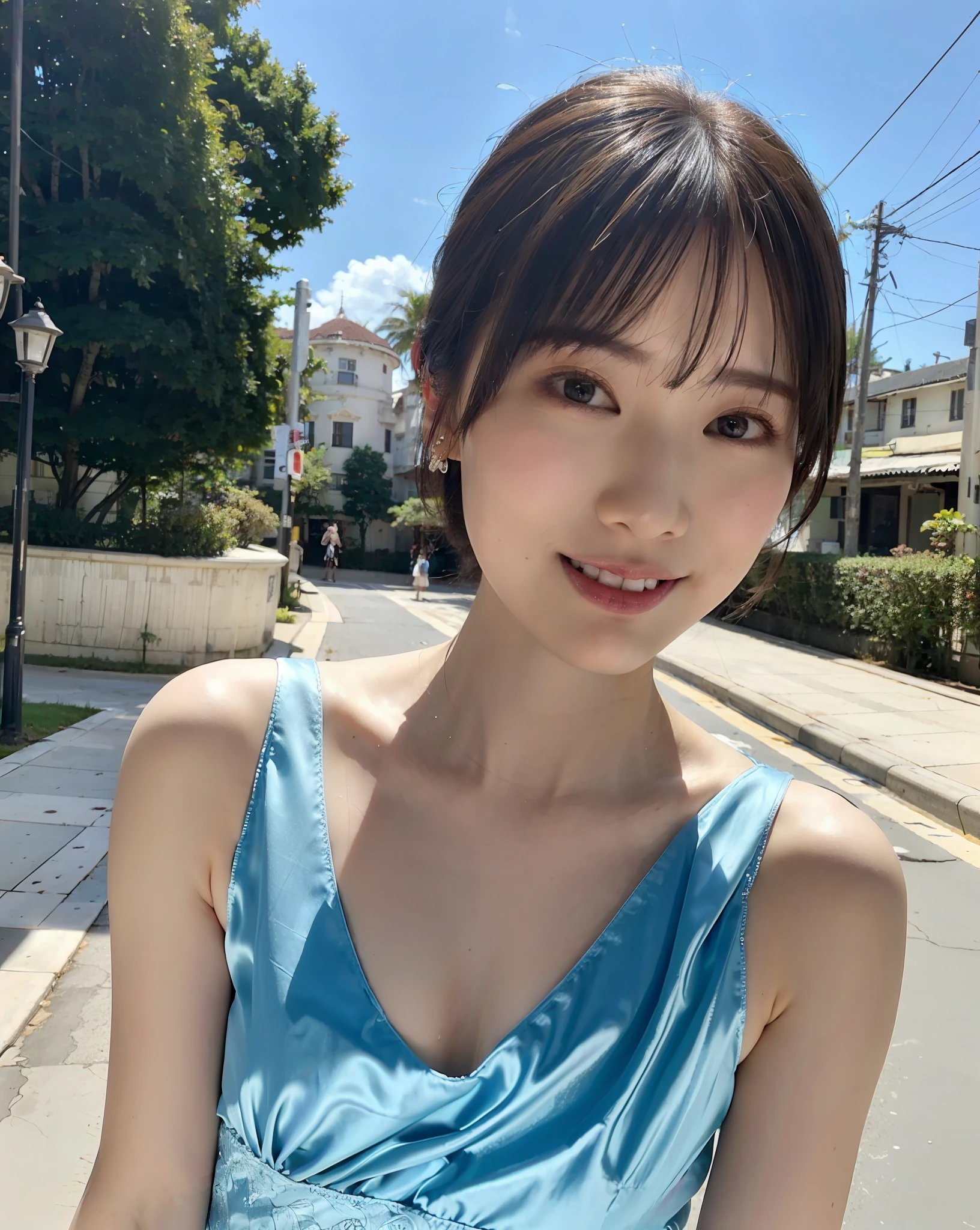 a woman posing on the street corner with light blue dress on, best quality, 1girl, large breasts, day, bright, blur background, bokeh, outdoor, (street:0.8), (people, crowds:1), (lace-trimmed dress:1.5, sleeveless dress, light blue clothes, light blue high-neck dress:1.2, blue dress: 1.5), gorgeous, (short hair, forehead:1.2), beautiful detailed sky, earrings, (dynamic pose:1.2), (upper body:0.8), soft lighting, wind, shiny skin, smile,