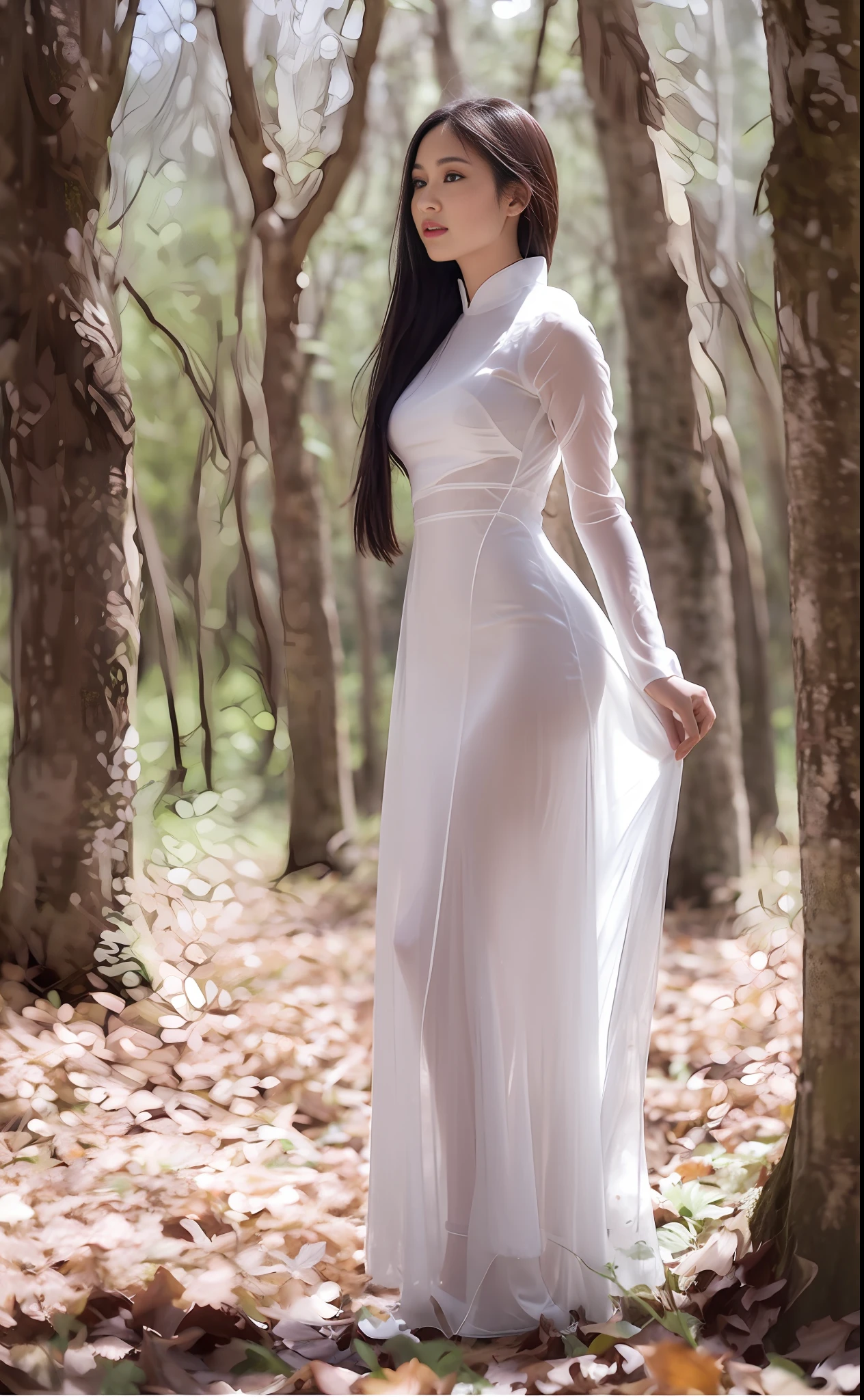 a woman in a white dress standing in a forest, ao dai, translucent dress, full body white dress, beautiful long white dress, long white dress, a beautiful woman in white, mai anh tran, see through dress, dressed a long white, dressed in a beautiful white, beautiful full body shot, vietnamese woman, against the backdrop of trees, translucent body