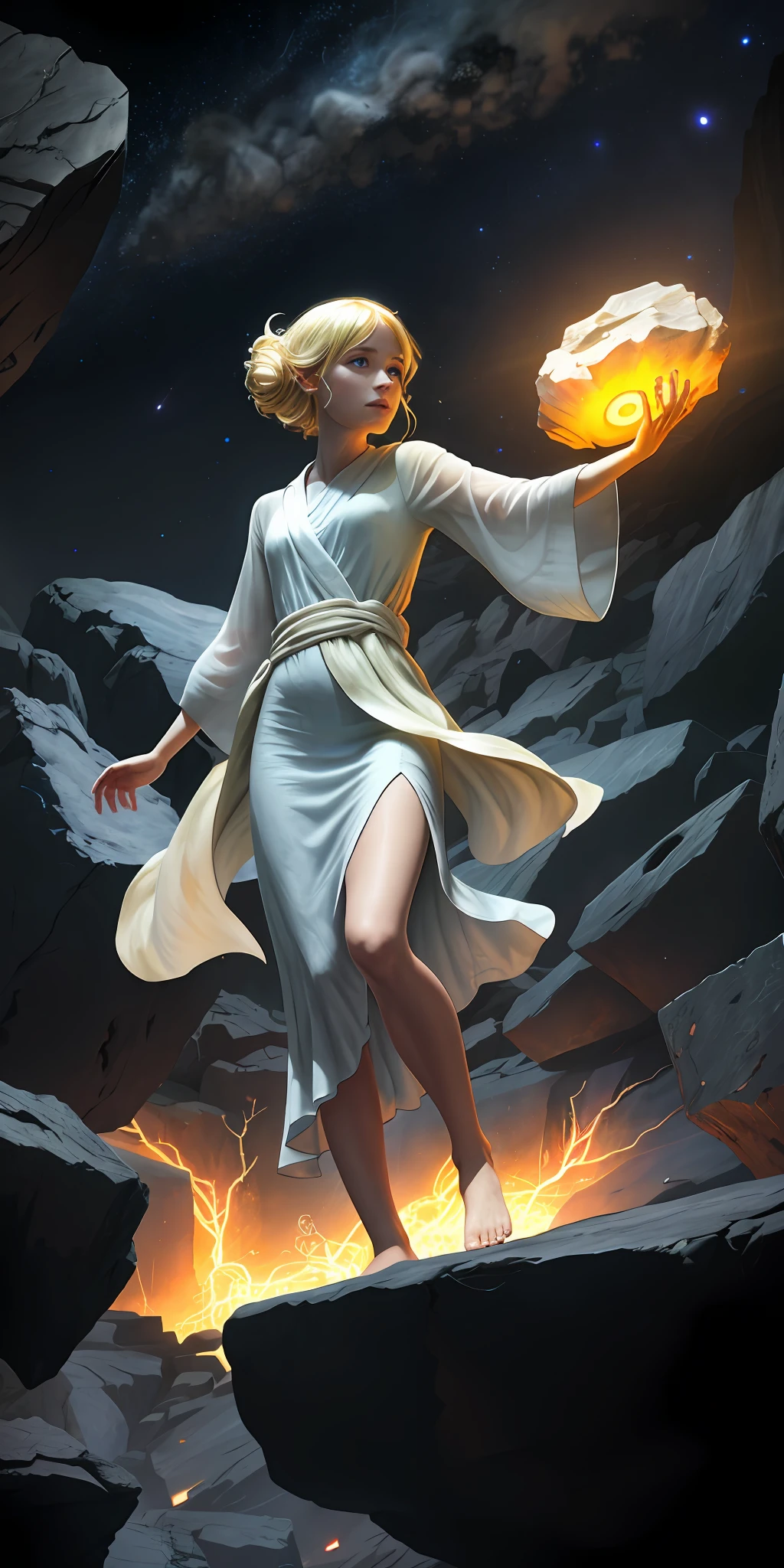 Female barefoot summoner levitated on blond robes and cloaked arms and held up across the shattered earth Bright lava light from below the asteroid field (jagged rocks, boulders and debris shot into the air: 1.3) Beautiful face (Gale Dust Debris Storm: 1.1) Volumetric fog ray tracing Z delivers strong light from below, (Masterpiece) (Best Quality) (detailed) (8K) (Cinematic Lighting) (Sharp Focus) (Complex)