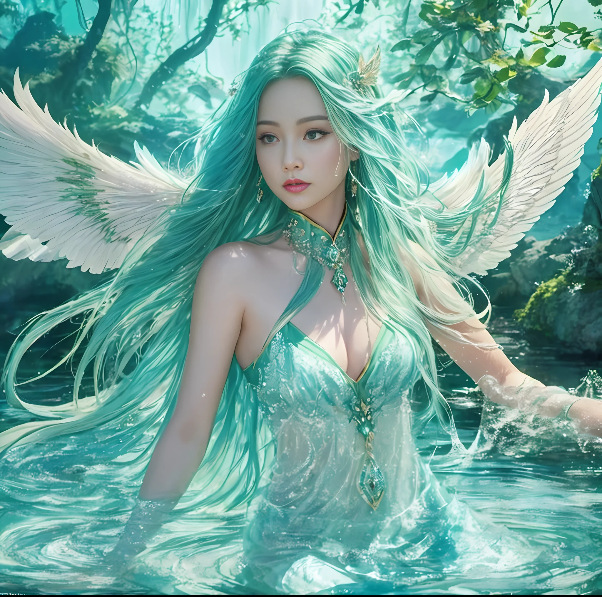 realistic hair, (details are super exquisite realistic wings:1.4),(Digital art:1.4), Fantasy creatures, non-human, fantasy realistic style, film shooting, (Octane rendering:1.4), professional photography, realism, realistic animal image, octane rendering, rich details, Natural light lighting, clear and exquisite face details, very euraic atmosphere,Atmosphere, elegant, Epic-level picture,
Mana’lon is a water spirit in Welsh mythology. She is beautiful, of medium height, and has a graceful body with skin like white jade, slightly tinted with a light green color. She has long golden hair that is soft and silky, flowing with the wind. Her eyes are a shining emerald green, exuding a strong water-like glow. Her lips are pink, slightly upturned, revealing her confidence and joy.
Mana’lon is adorned with green seaweed and coral all over her body, creating a harmonious and beautiful image. Her water silk clothing is a light green color, soft and flowing, like a fresh spring water flowing around her.
Her fingers are slender and delicate, with transparent light blue nails. She wears a stunning crystal bracelet on her wrist, shining brightly and dazzlingly.
Mana’lon controls the power of water. The decorations and water silk on her body carry the aura of water, making her seem like a water embodiment. She has the ability to control the flow of water and its movement, creating a harmonious relationship with water.
In summary, Mana’lon is a mysterious and beautiful existence, and her appearance and aura are like that of water, making people feel harmonious and joyful. Her image holds an important position in Welsh culture, representing art and wisdom, as well as symbolizing good luck and happiness.