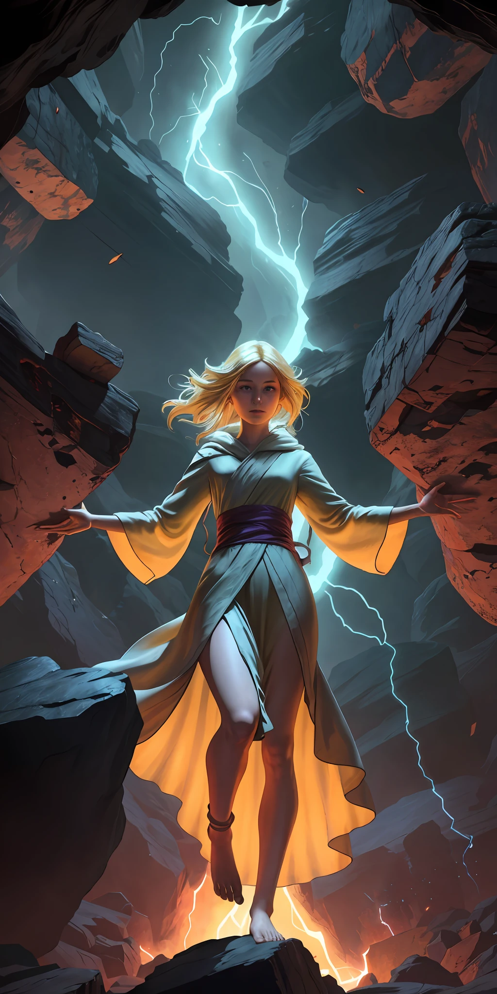 Female barefoot summoner levitated on blond robes and cloaked arms and held up across the shattered earth Bright lava light from below the asteroid field (jagged rocks, boulders and debris shot into the air: 1.3) Beautiful face (Gale Dust Debris Storm: 1.1) Volumetric fog ray tracing Z delivers strong light from below, (Masterpiece) (Best Quality) (detailed) (8K) (Cinematic Lighting) (Sharp Focus) (Complex)
