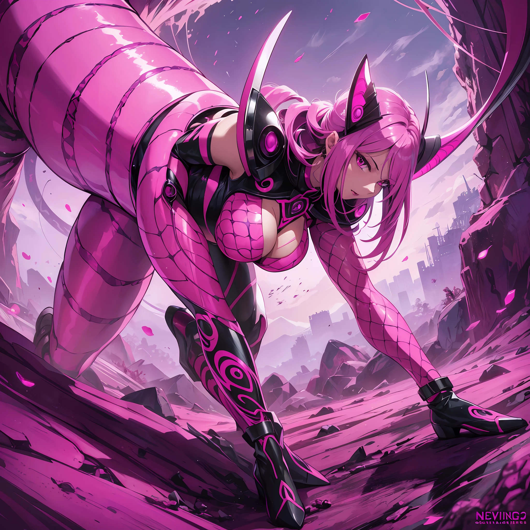 Cartoon photo of woman in magenta pink and purple costume, hot insect humanoid woman, Guyver style,  version, red eye, scaraber reploid, tentacles imitating snake tail, cel shade adult animation, alien queen, serpentine pose, --auto --s2