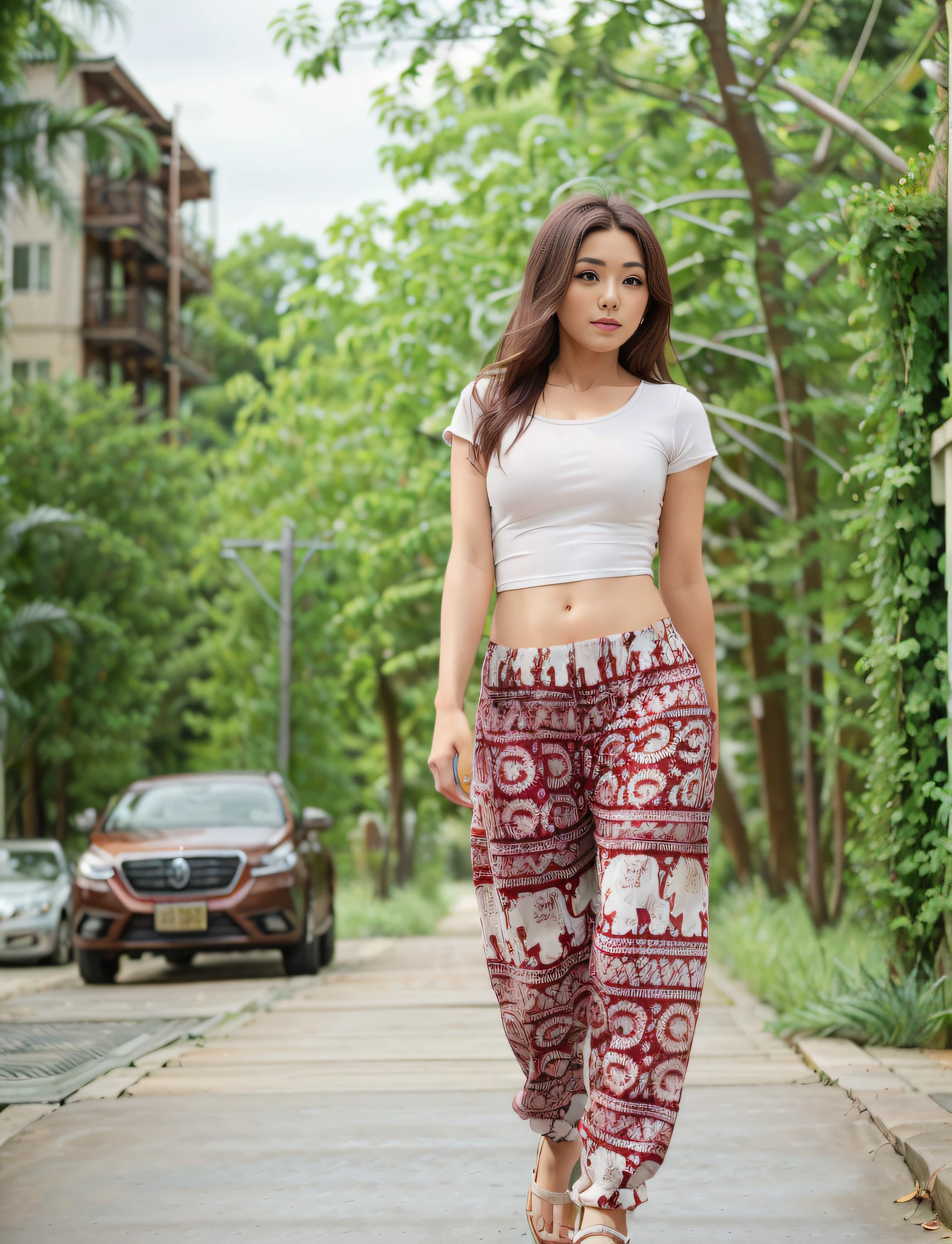 (Best quality: 1.4), (Ultra high resolution: 1.2), (realism: 1.4), (8k, RAW photo: 1.2), (medium shot: 1.4), (brown eyes), girl walking down the street wearing (red ThaiElephanThaRempants: 1.3), (white top: 1.2), (white top: 1.2), (nice shoes), (natural light), (rim light)