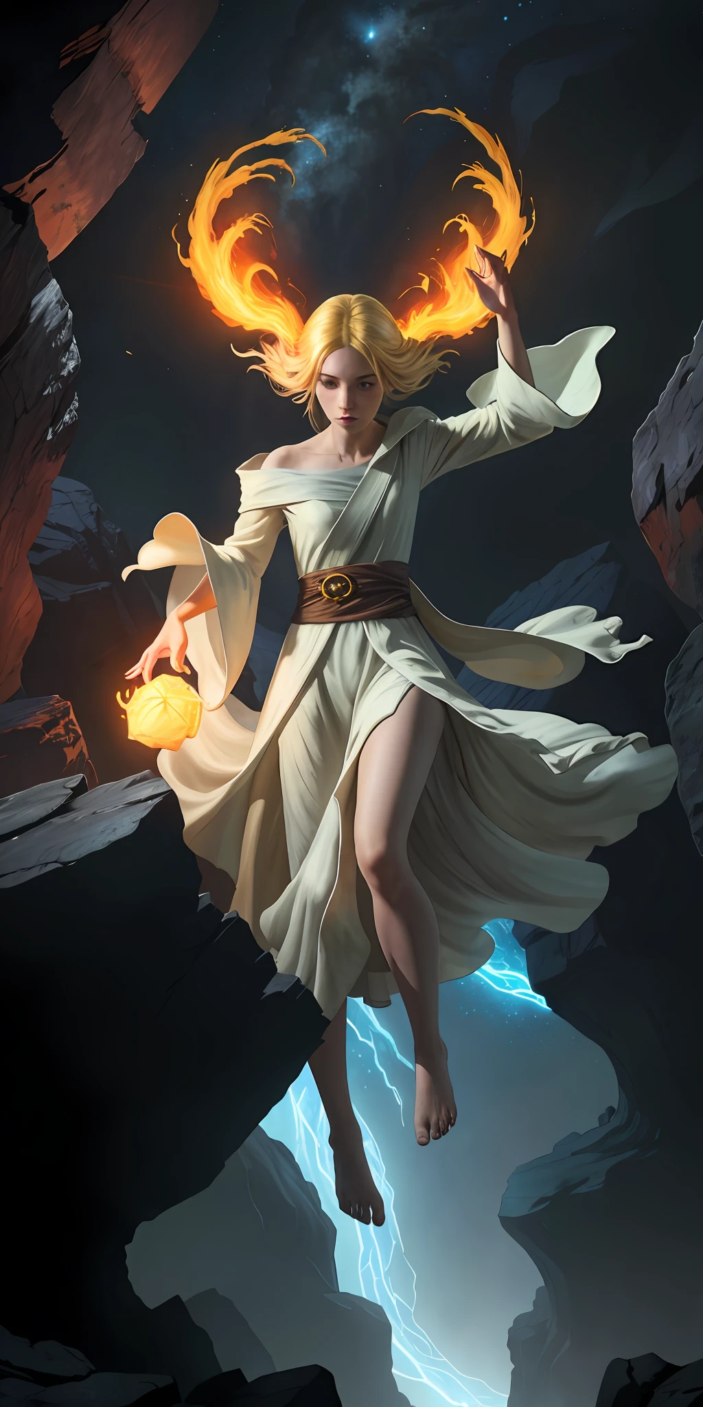 Female barefoot summoner levitated on blond robes and cloaked arms and held up across the shattered earth Bright lava light from below the asteroid field (jagged rocks, boulders and debris shot into the air: 1.3) Beautiful face (Gale Dust Debris Storm: 1.1) Volumetric fog ray tracing Z delivers strong light from below, (Masterpiece) (Best Quality) (detailed) (8K) (Cinematic Lighting) (Sharp Focus) (Complex)
