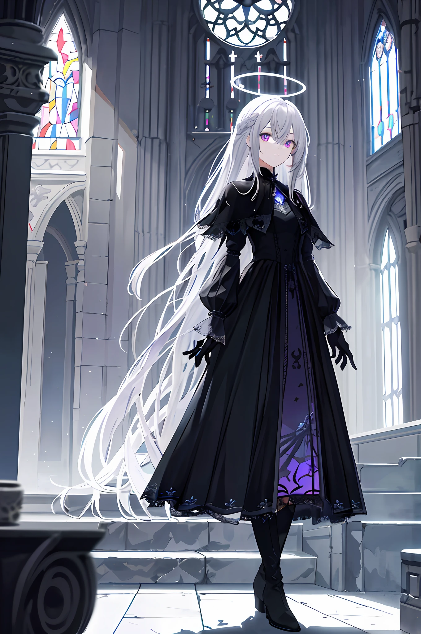 grey hair, colored inner hair, crossed bangs, long hair, messy hair, halo, glowing eyes, purple eyes, expressionless, Surrealism, drop shadow, stereogram, tachi-e, chiaroscuro, 8k, super detail, ccurate, best quality, black dress, shawl, mechanical doll, black boots, standing in dark church, composition, proportion, foreground, medium scene, background, perspective, light, color, texture, detail, beauty, miracle. Quiet and eerie, high details, super detail, single, armored dress, dark fantacy, UHD, masterpiece, best quality, royal sister, stained glass, pretty detailed eyes, jellyfish, hand armor